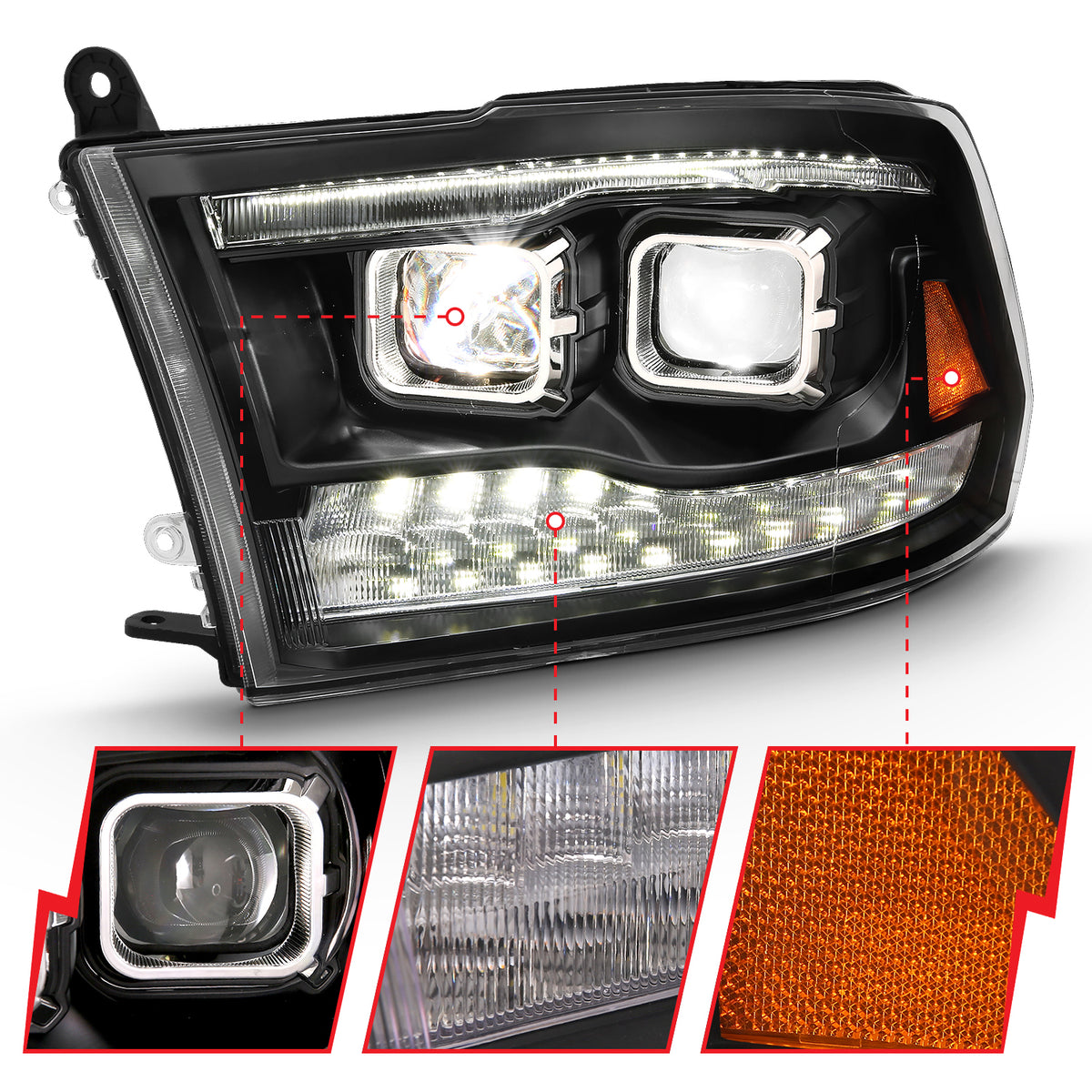 ANZO 2009-2018 Dodge Ram 1500 Led Projector Plank Style Switchback H.L Halo Black Amber (OE Style) - 111464