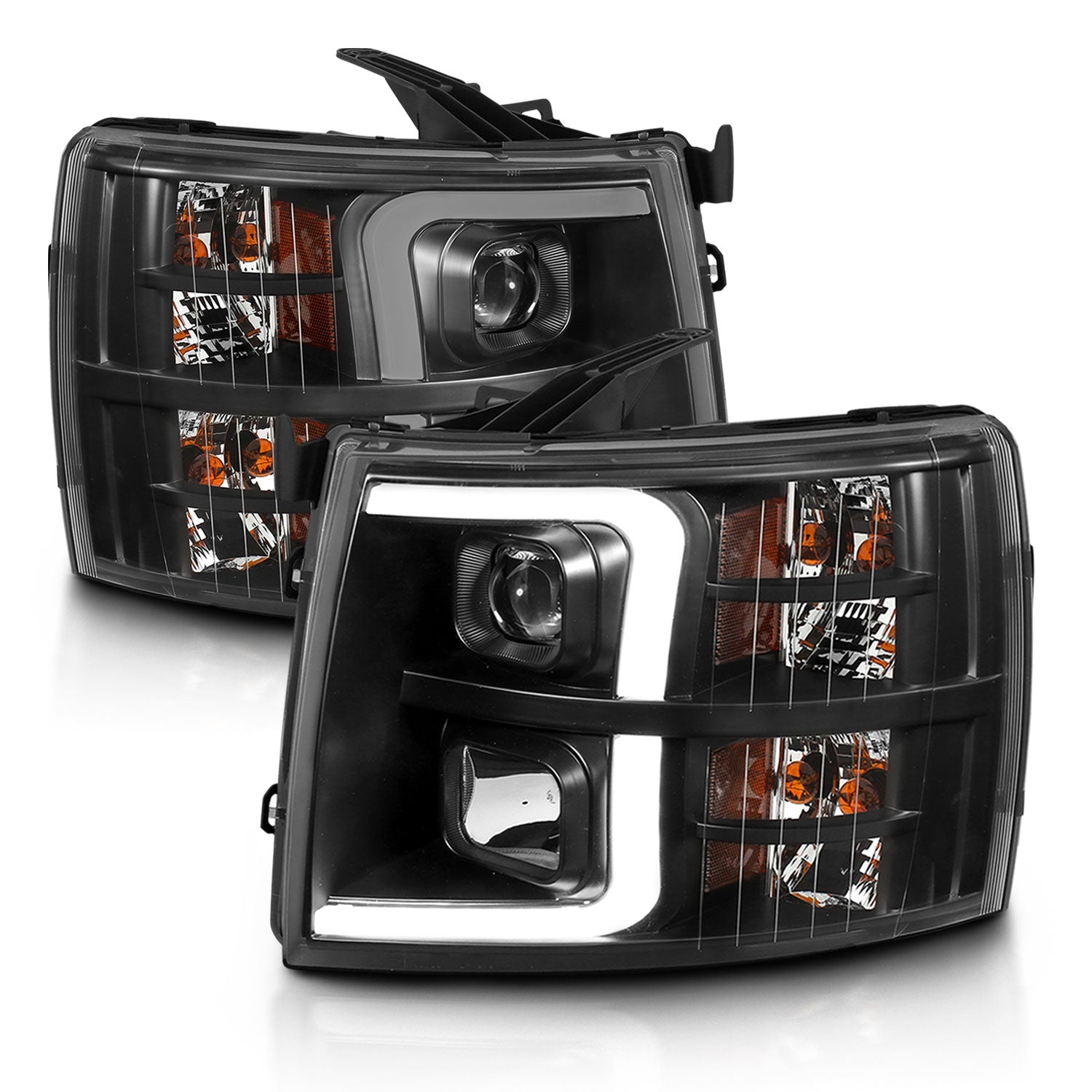 ANZO 07-13 Chevrolet Silverado 3500 Projector Headlights - Black Amber - 111480 for 2007-2014 Chevrolet Silverado 2500 - fron