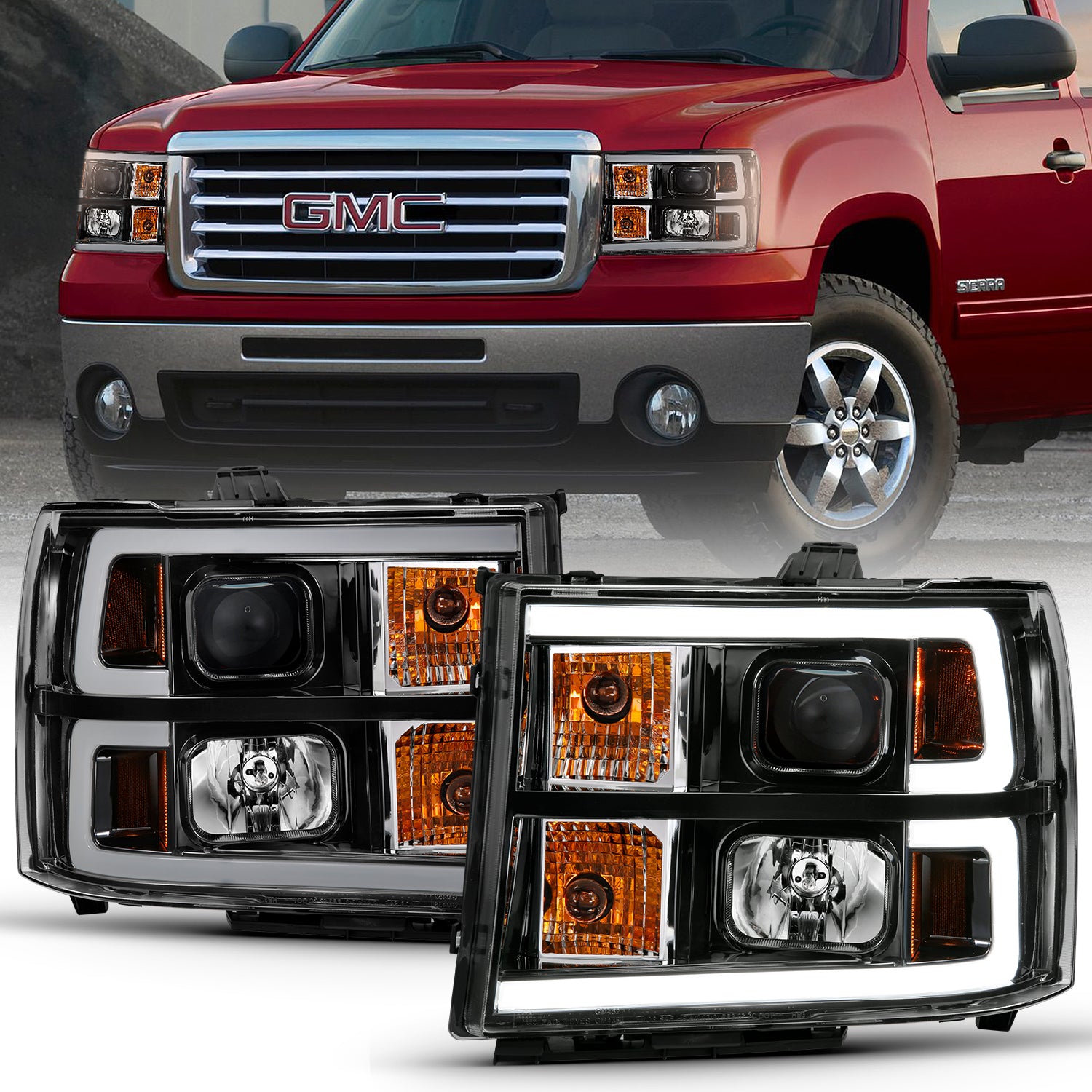 ANZO 2007-2013 Gmc Sierra 1500 Projector Headlight Plank Style Black w/ Clear Lens Amber - 111482 for 2007-2014 GMC Sierra 25