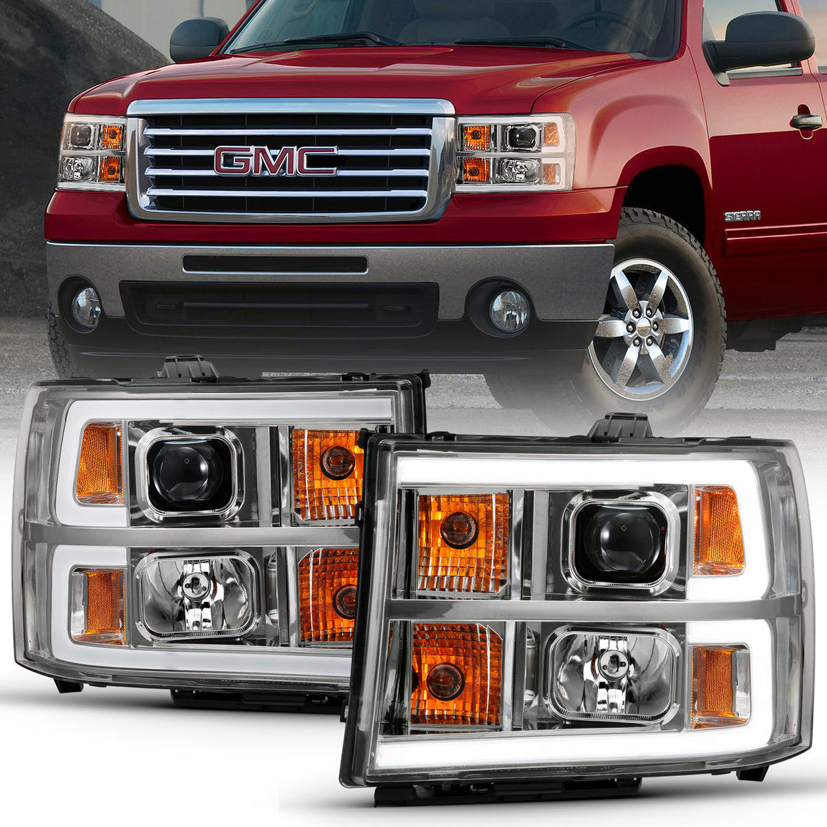 ANZO 2007-2013 Gmc Sierra 1500 Projector Headlight Plank Style Chrome w/ Clear Lens Amber - 111483 for 2007-2014 GMC Sierra 2