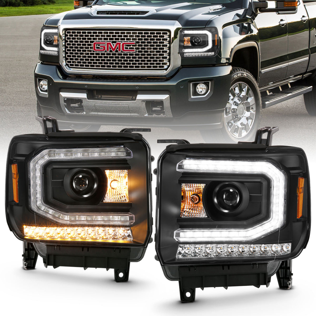 ANZO 2016-2019 Gmc Sierra 1500 Projector Headlight Plank Style Black w/ Sequential Amber Signal - 111485 for 2016-2019 GMC Si