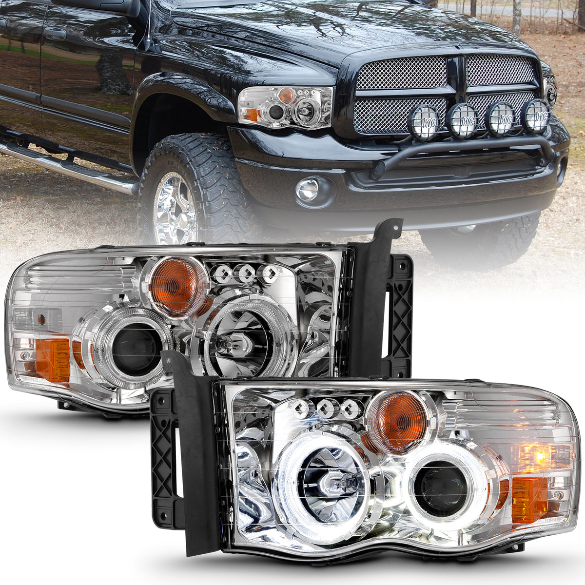 ANZO 2002-2005 Dodge Ram 1500 Projector Headlights w/ Halo Chrome Clear Amber - 111491 for 2002-2005 Dodge Ram 1500 - front v