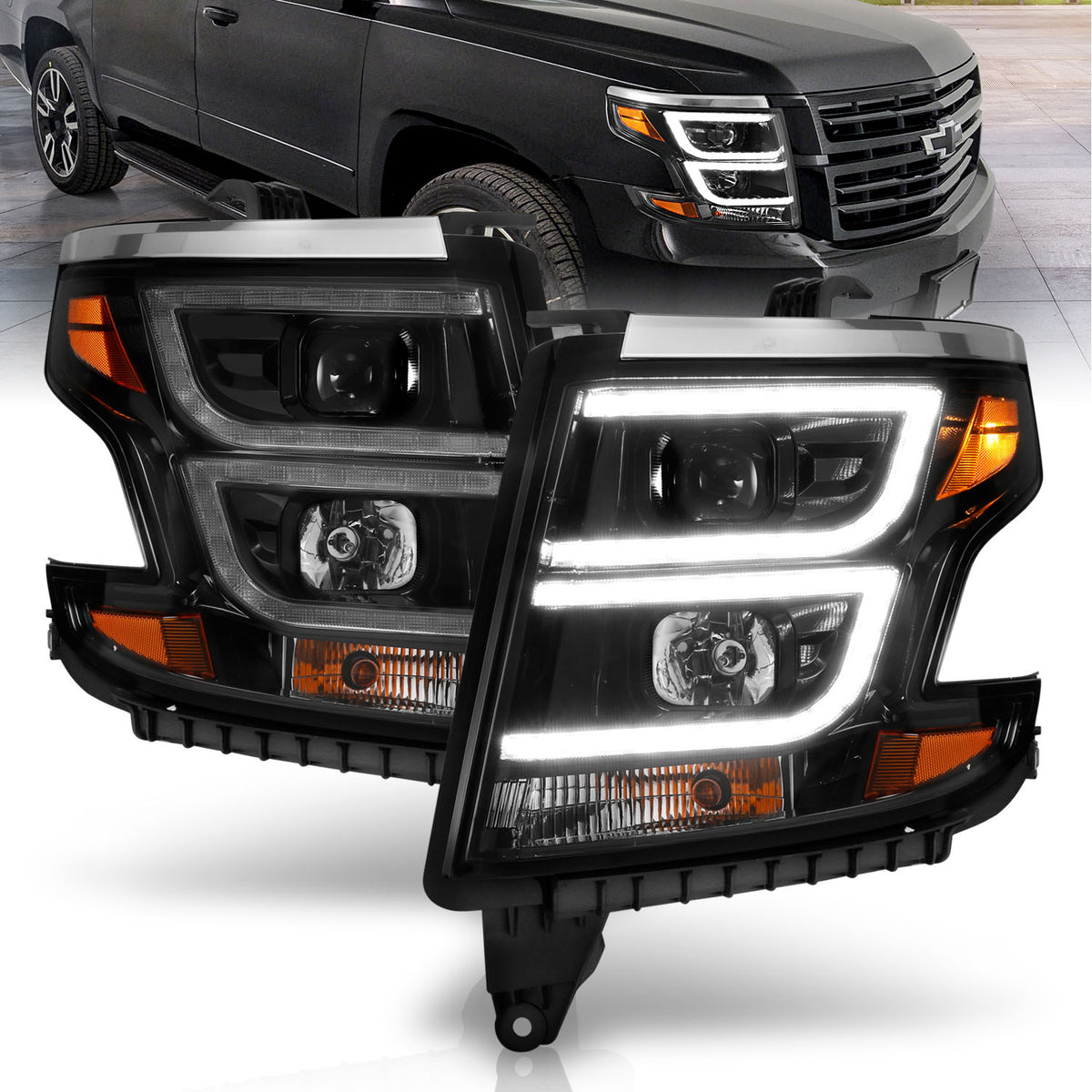 ANZO 2015-2020 Chevy Tahoe Projector Headlights Plank Style Black w/DRL - 111492 for 2015-2020 Chevrolet Suburban - front vie