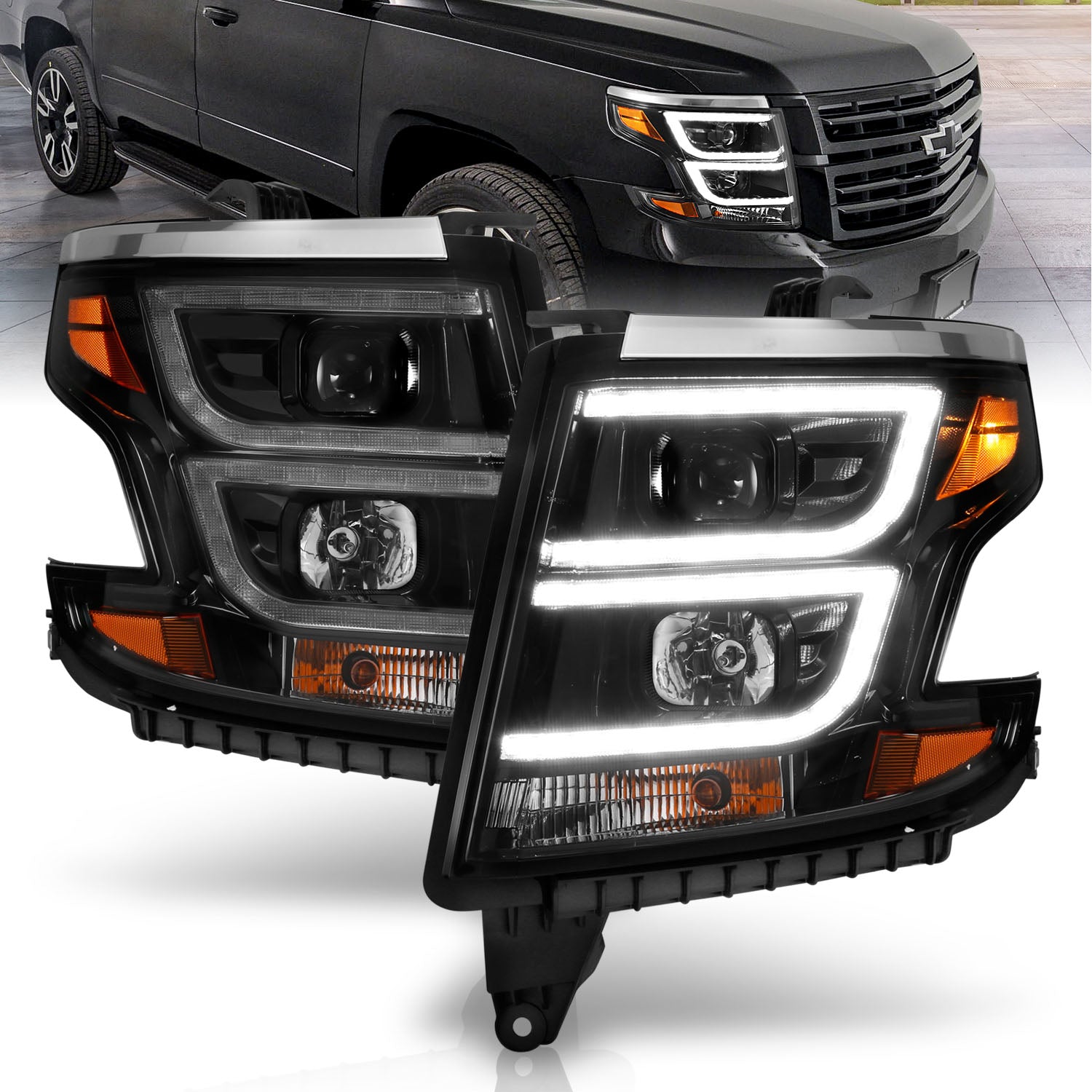 ANZO 2015-2020 Chevy Tahoe Projector Headlights Plank Style Black w/DRL - 111492 for 2015-2020 Chevrolet Suburban - front vie