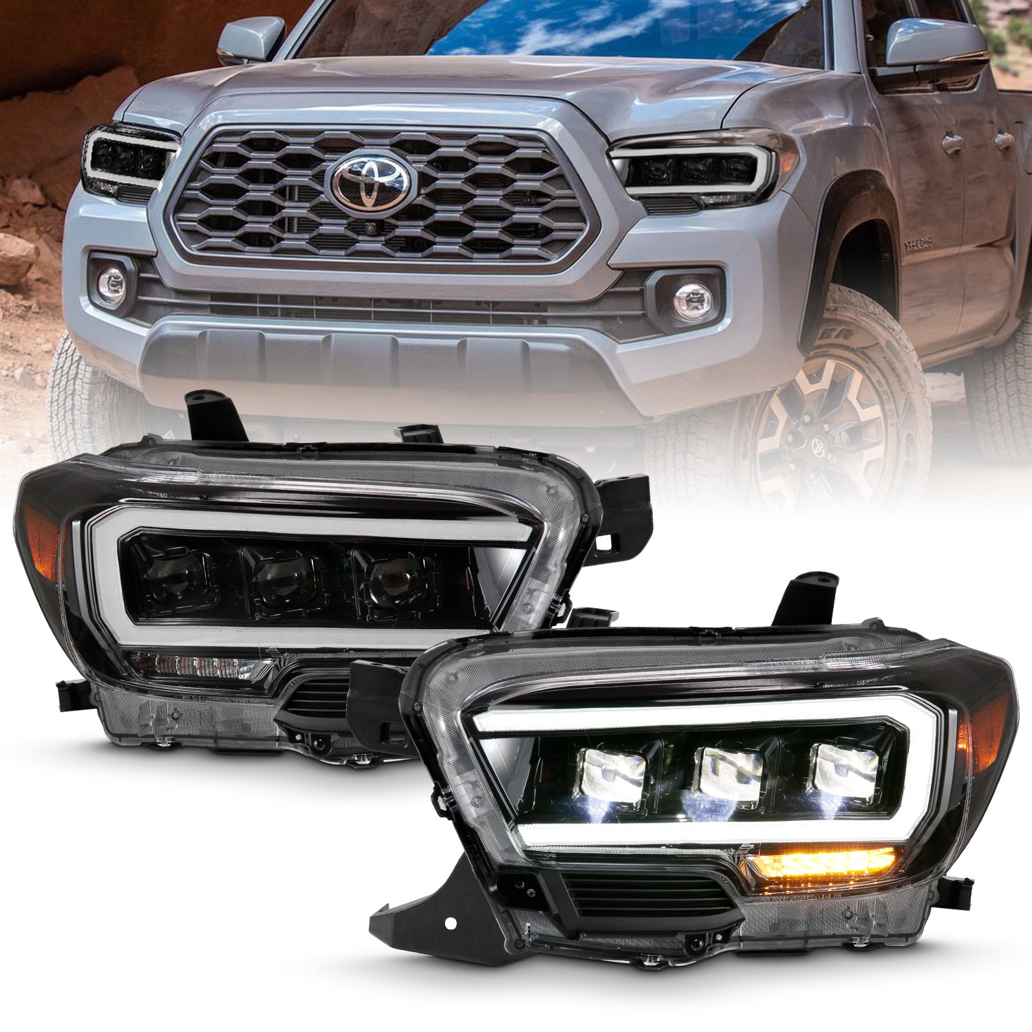ANZO 2016-2018 Toyota Tacoma LED Projector Headlights Plank Style Black w/ Amber - 111496 for 2016-2023 Toyota Tacoma - front