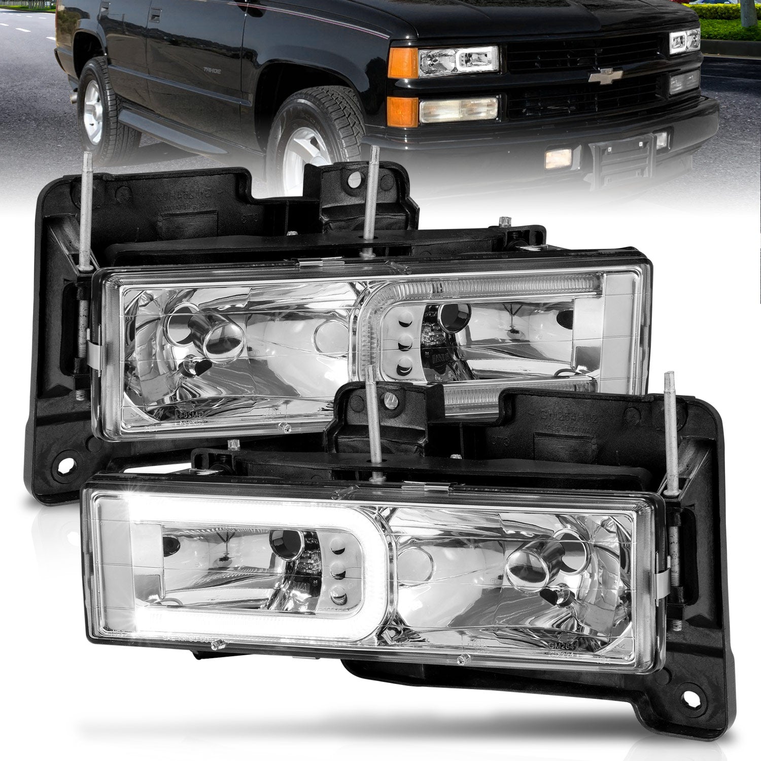 ANZO 1999-2000 Cadillac Escalade Crystal Headlights - 111499 for 1988-2000 Chevrolet C3500 - front view