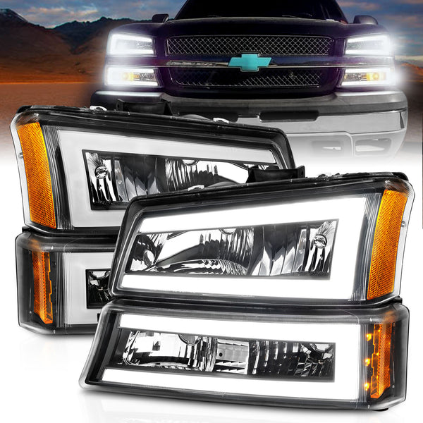 ANZO 2003-2006 Chevrolet Silverado 1500 Crystal Headlights w/ Light Bar Black Housing - 111501 for 2003-2007 Chevrolet Silver