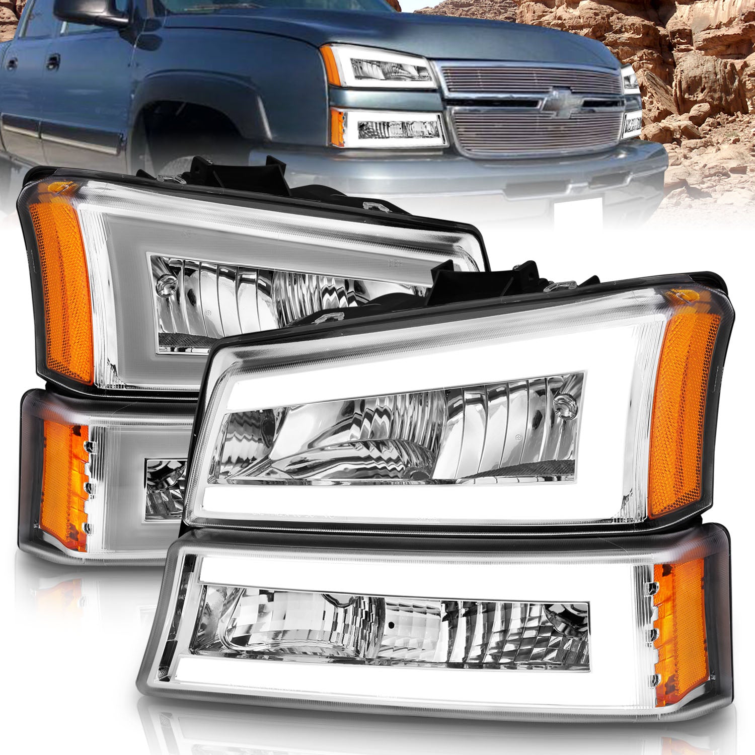 ANZO 2003-2006 Chevrolet Silverado 1500 Crystal Headlights w/ Light Bar Chrome Housing - 111502 for 2003-2007 Chevrolet Silve