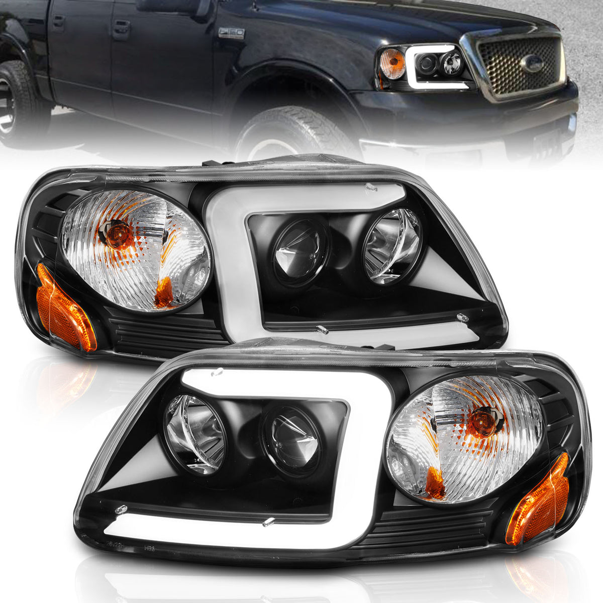 ANZO 1997-2003 Ford F-150 Projector Headlights w/ Light Bar Black Housing - 111503 for 1997-2004 Ford F 150 - front view