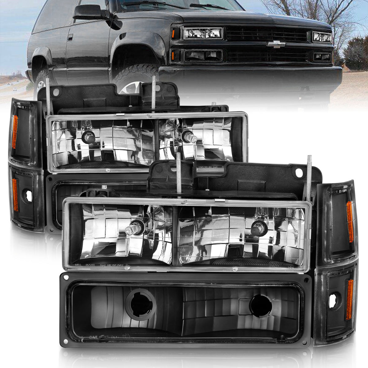 ANZO 88-98 Chevrolet C1500 Crystal Headlights Black - 111505 for 1988-2000 Chevrolet C2500 - front view