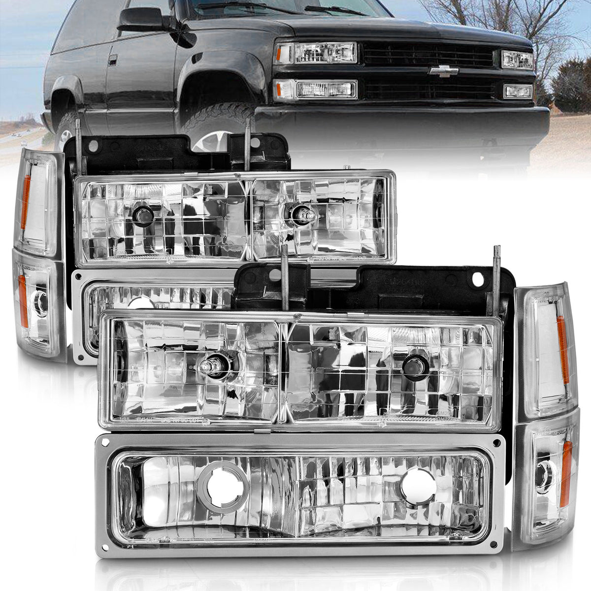 ANZO 88-98 Chevrolet C1500 Crystal Headlights Chrome w/ Signal and Side Marker Lights - 111506 for 1988-2000 Chevrolet C2500 