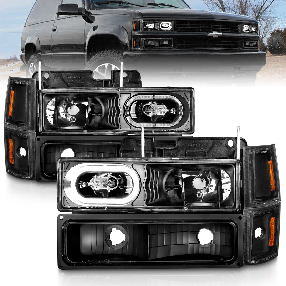 ANZO 88-98 Chevrolet C1500 Crystal Headlights Black Housing w/ Signal and Side Marker Lights - 111507 for 1988-2000 Chevrolet