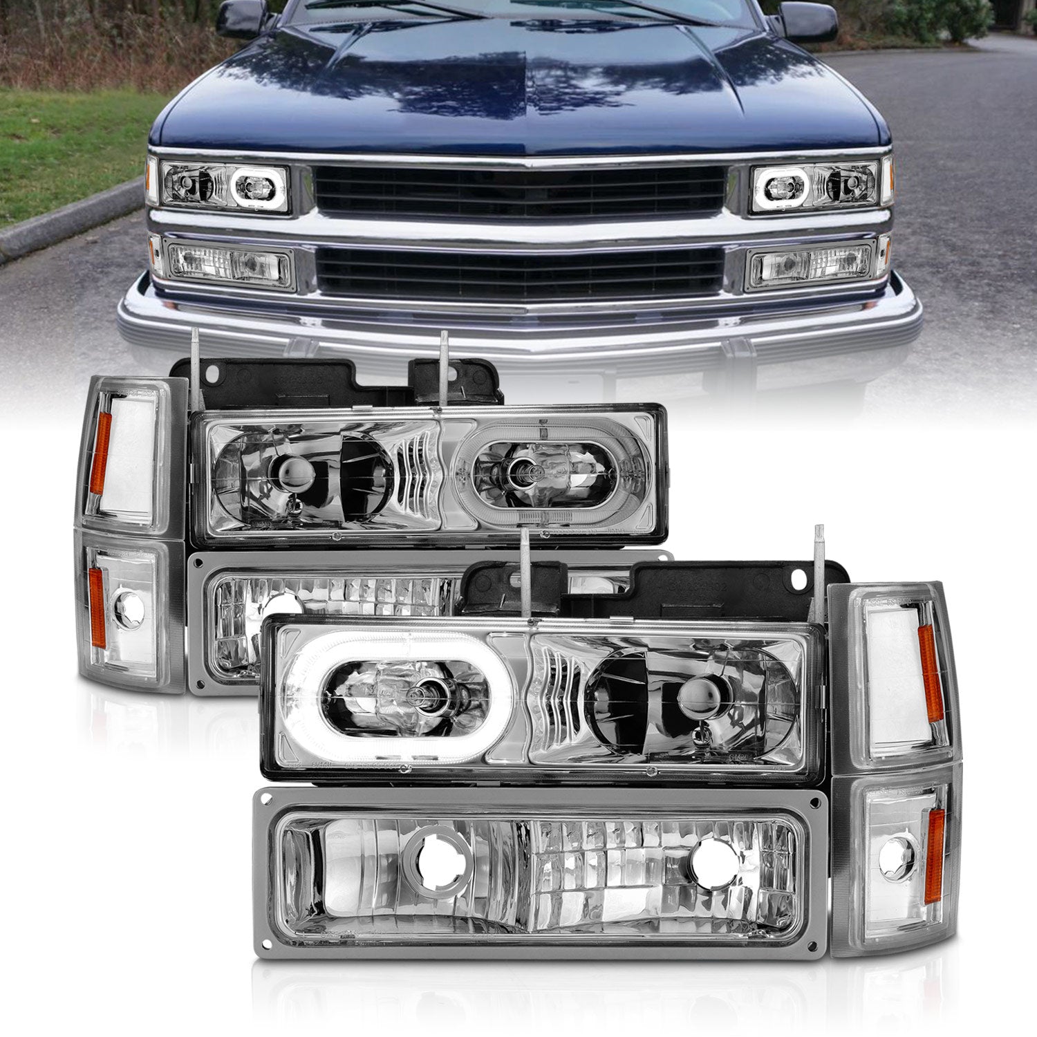ANZO 88-98 Chevrolet C1500 Crystal Headlights Chrome Housing w/ Signal and Side Marker Lights - 111508 for 1988-2000 Chevrole