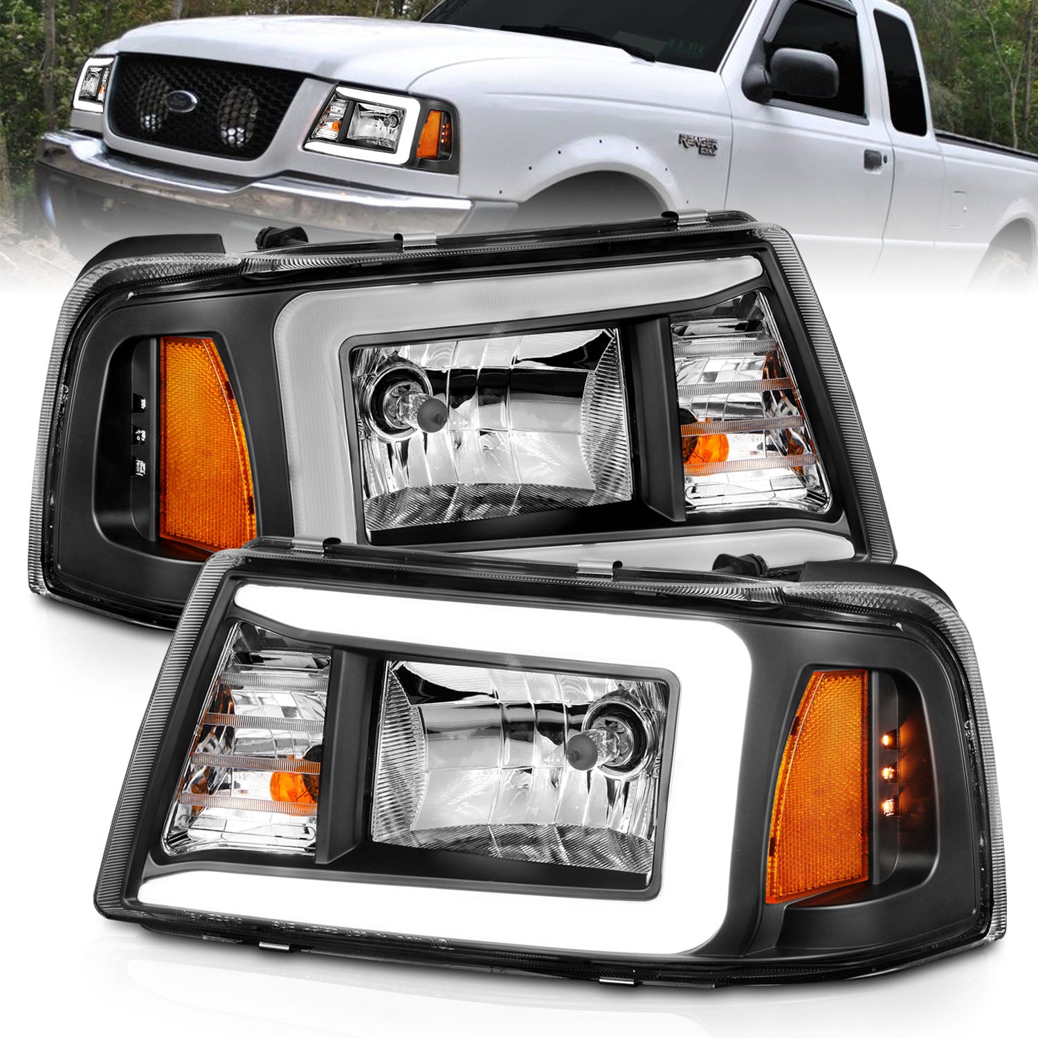 ANZO 2001-2011 Ford Ranger Crystal Headlights w/ Light Bar Black Housing - 111511 for 2001-2011 Ford Ranger - front view