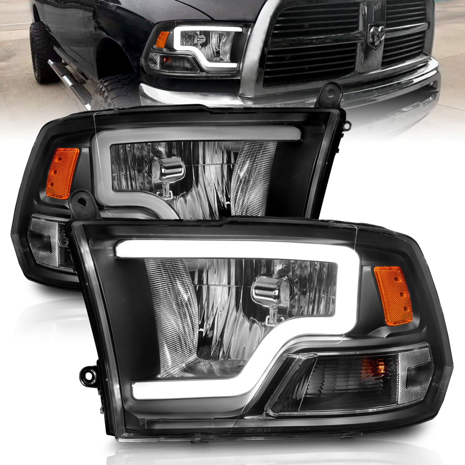 ANZO 2009-2018 Dodge Ram 1500 Crystal Headlights w/ Light Bar Black Housing - 111515 for 2019-2023 Ram 1500 Classic - front v