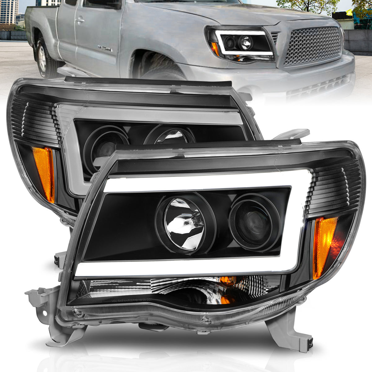 ANZO 05-09 Toyota Tacoma Projector Light Bar Style Headlights w/ C Light Bar - 111517 for 2005-2017 Toyota Tacoma - front vie