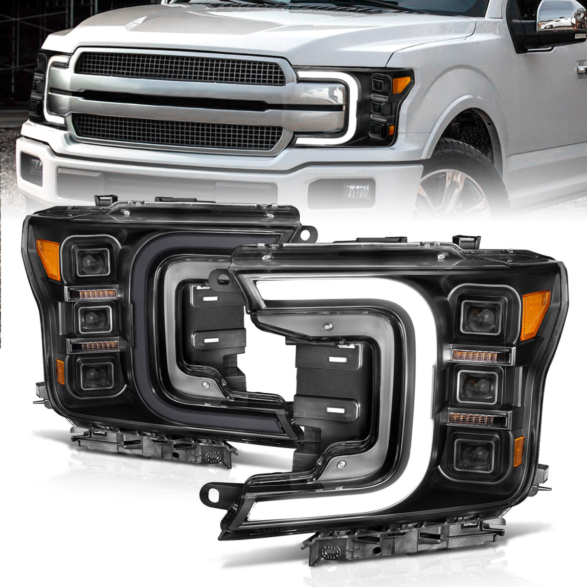 Anzo 18-20 Ford F-150 Full Led Projector Smoke Bar Style Headlights Black Amber - 111520 for 2018-2020 Ford F 150 - front vie