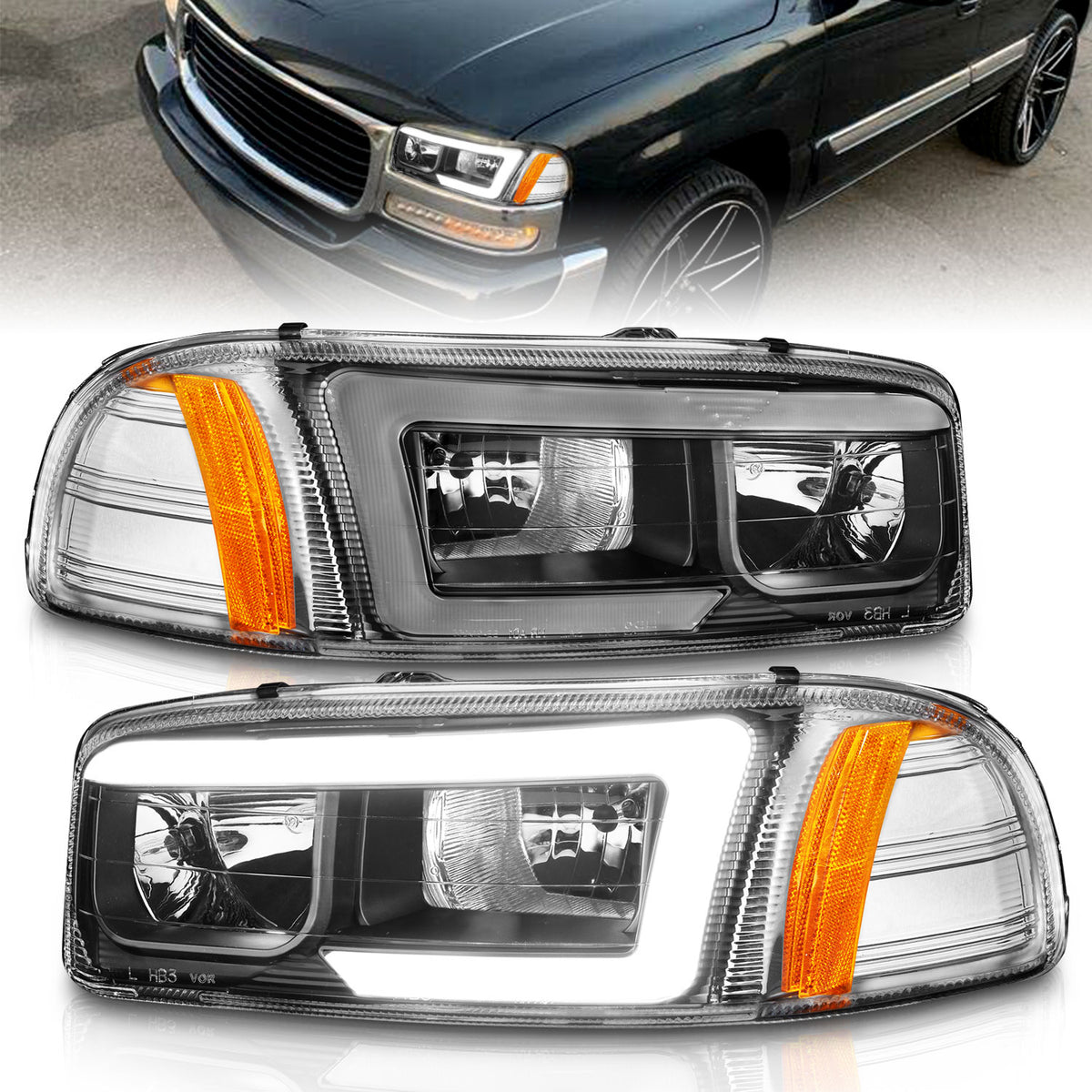 Anzo 99-17 GMC Sierra/Denali Headlights Black Amber (w/C Light Bars) - 111522 for 1999-2007 GMC Sierra 1500 - front view