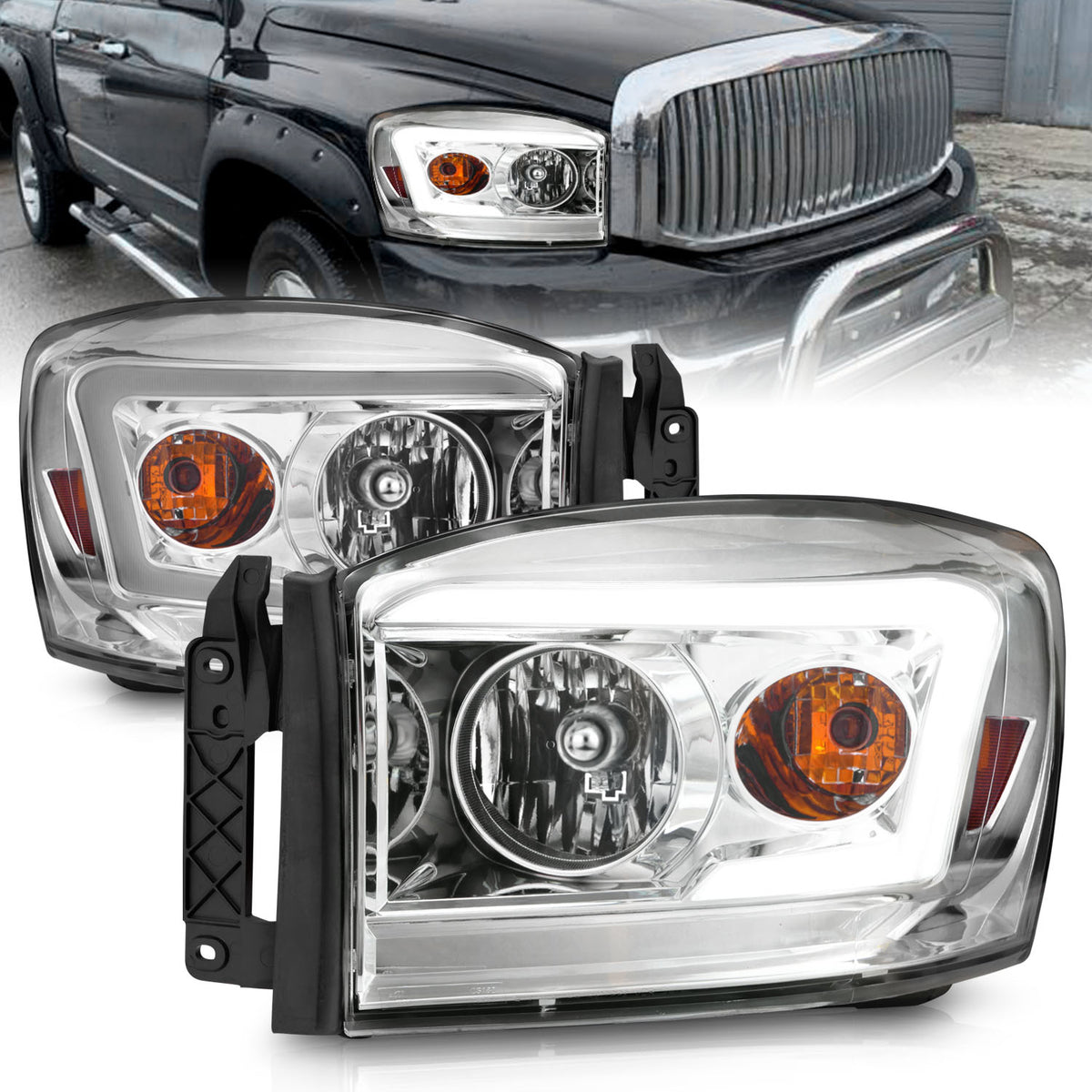 Anzo 06-09 Dodge RAM 1500/2500/3500 Headlights Chrome Housing/Clear Lens (w/ Light Bars) - 111525 for 2006-2009 Dodge Ram 150