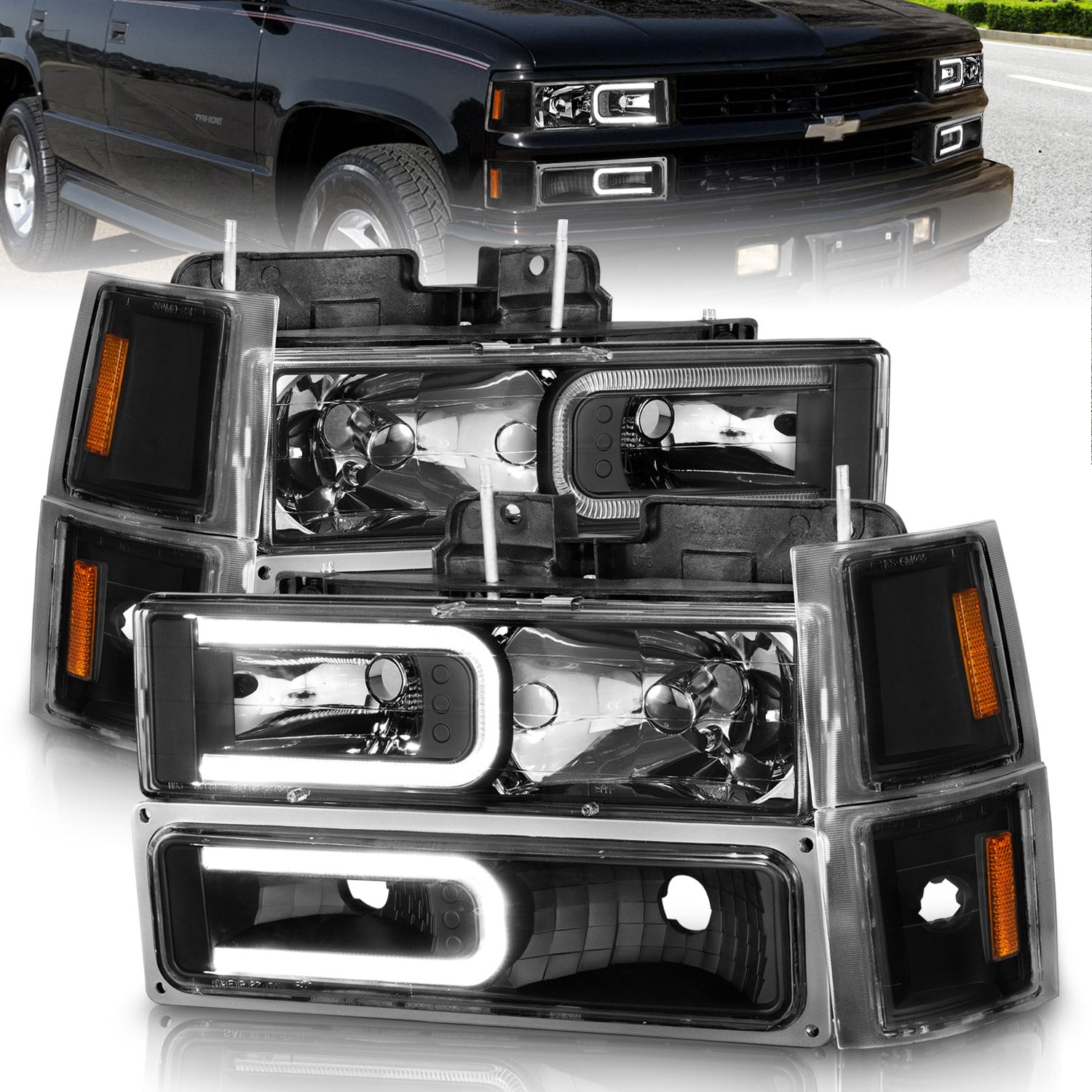 ANZO 88-98 Chevrolet C1500 Crystal Headlights w/ Light Bar Black Housing w/ Signal Side Markers 8Pcs - 111528 for 1988-2000 C