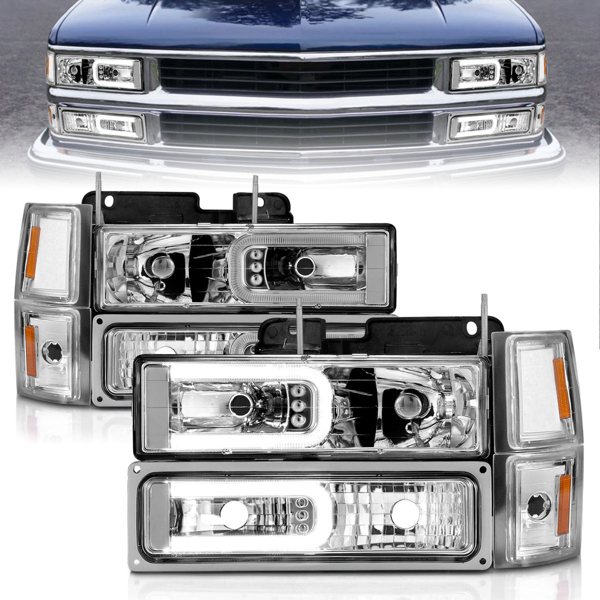 ANZO 88-98 Chevrolet C1500 Crystal Headlights w/Light Bar Chrome Housing w/ Signal Side Markers 8Pcs - 111529 for 1988-2000 C