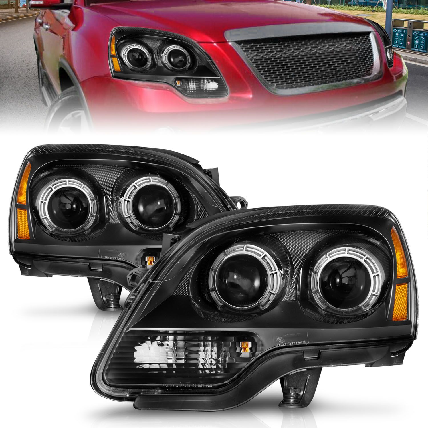 ANZO 2007-2012 GMC Acadia Projector Headlights Balck Housing - 111530 for 2007-2012 GMC Acadia - front view