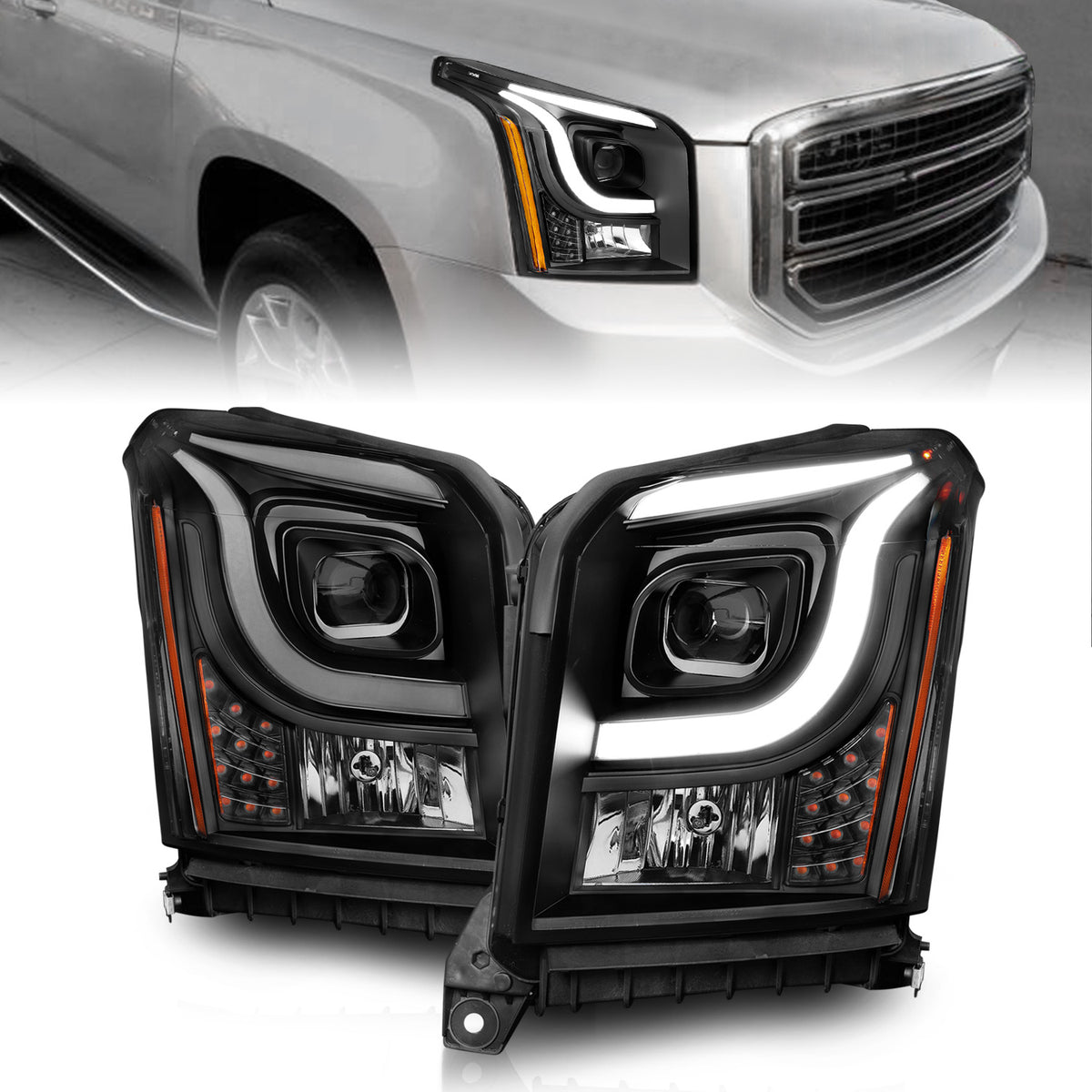 Anzo 15-17 GMC Yukon/Yukon XL Projector Headlights Black Housing/Clear Lens (w/ Light Bars) - 111535 for 2015-2020 GMC Yukon 