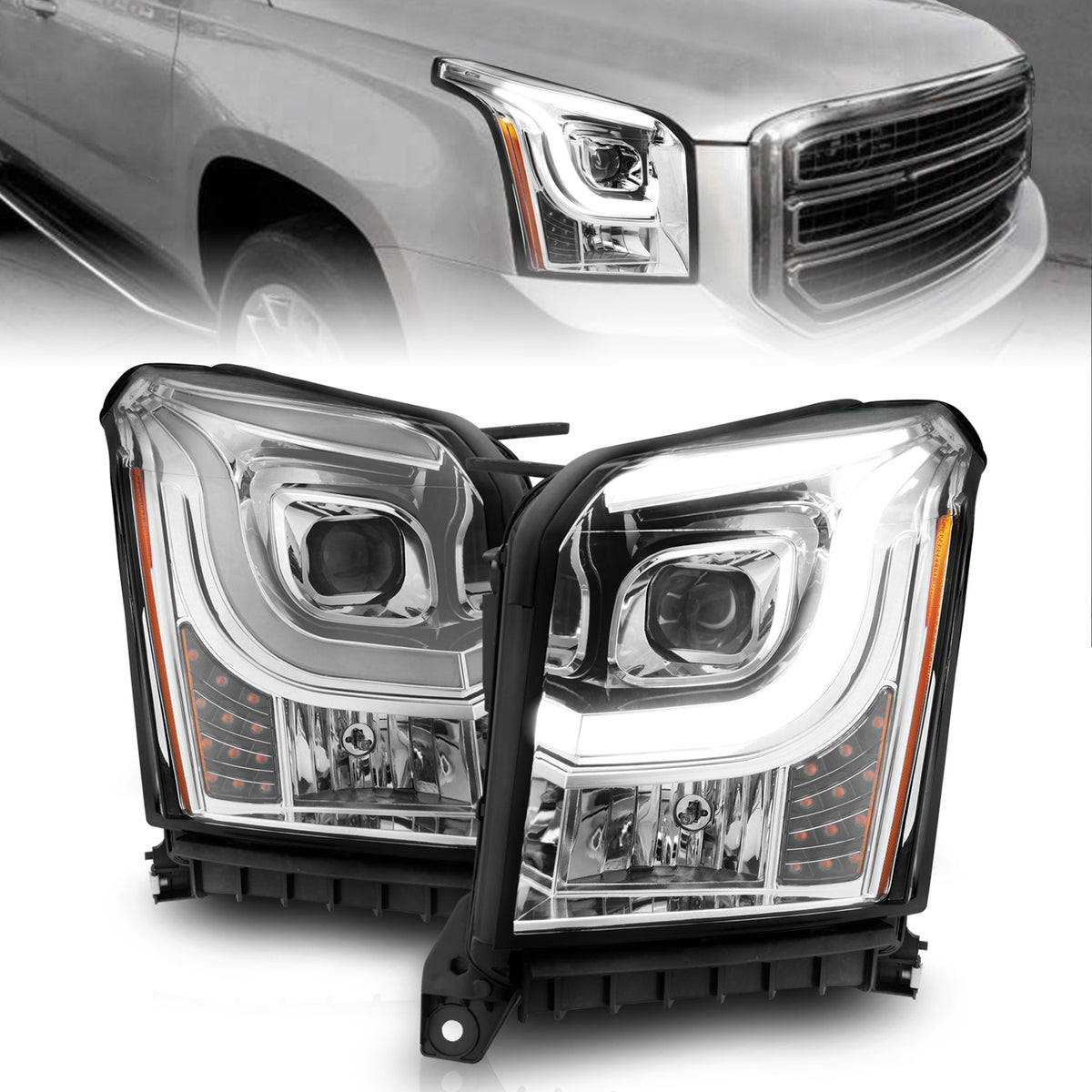 ANZO 2015-2017 GMC Yukon XL Projector Headlights W Lightbar - Chrome/Amber - 111536 for 2015-2020 GMC Yukon - front view