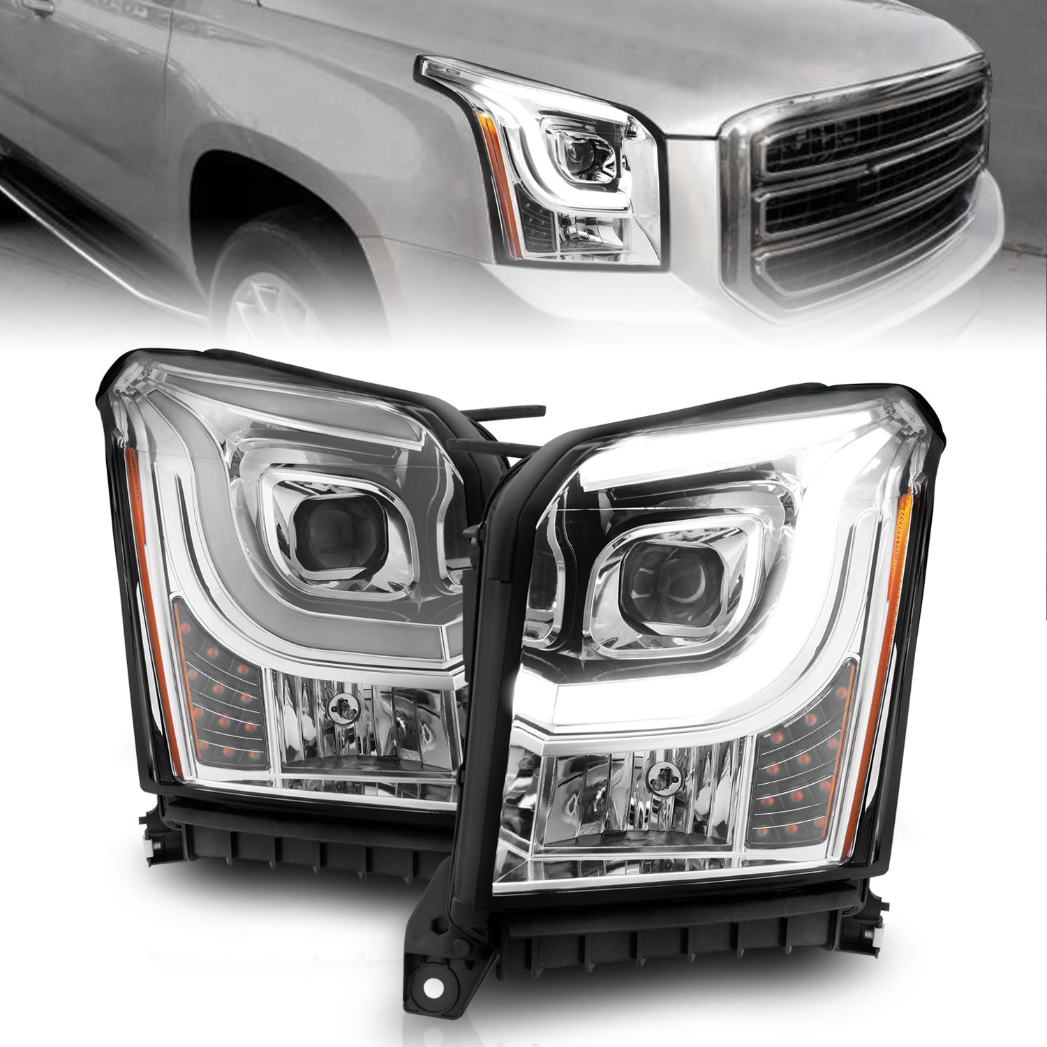 ANZO 2015-2017 GMC Yukon XL Projector Headlights W Lightbar - Chrome/Amber - 111536 for 2015-2020 GMC Yukon - front view