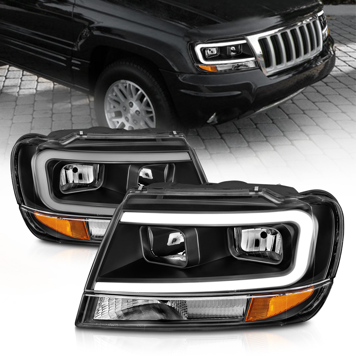 ANZO 99-04 Jeep Grand Cherokee Crystal Headlights - w/ Light Bar Black Housing - 111537 for 1999-2004 Jeep Grand Cherokee - f