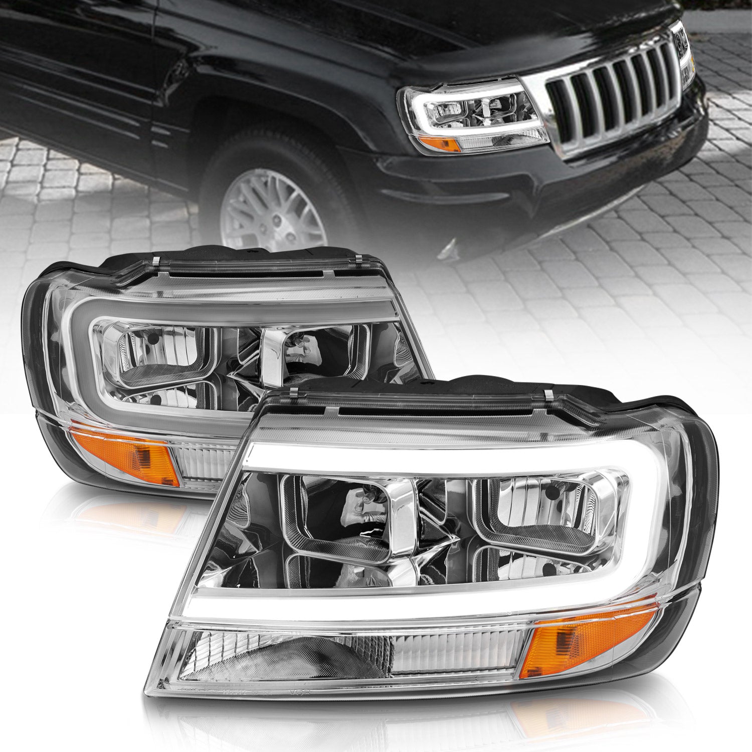 ANZO 1999-2004 Jeep Grand Cherokee Crystal Headlights w/ Light Bar Chrome Housing - 111538 for 1999-2004 Jeep Grand Cherokee 