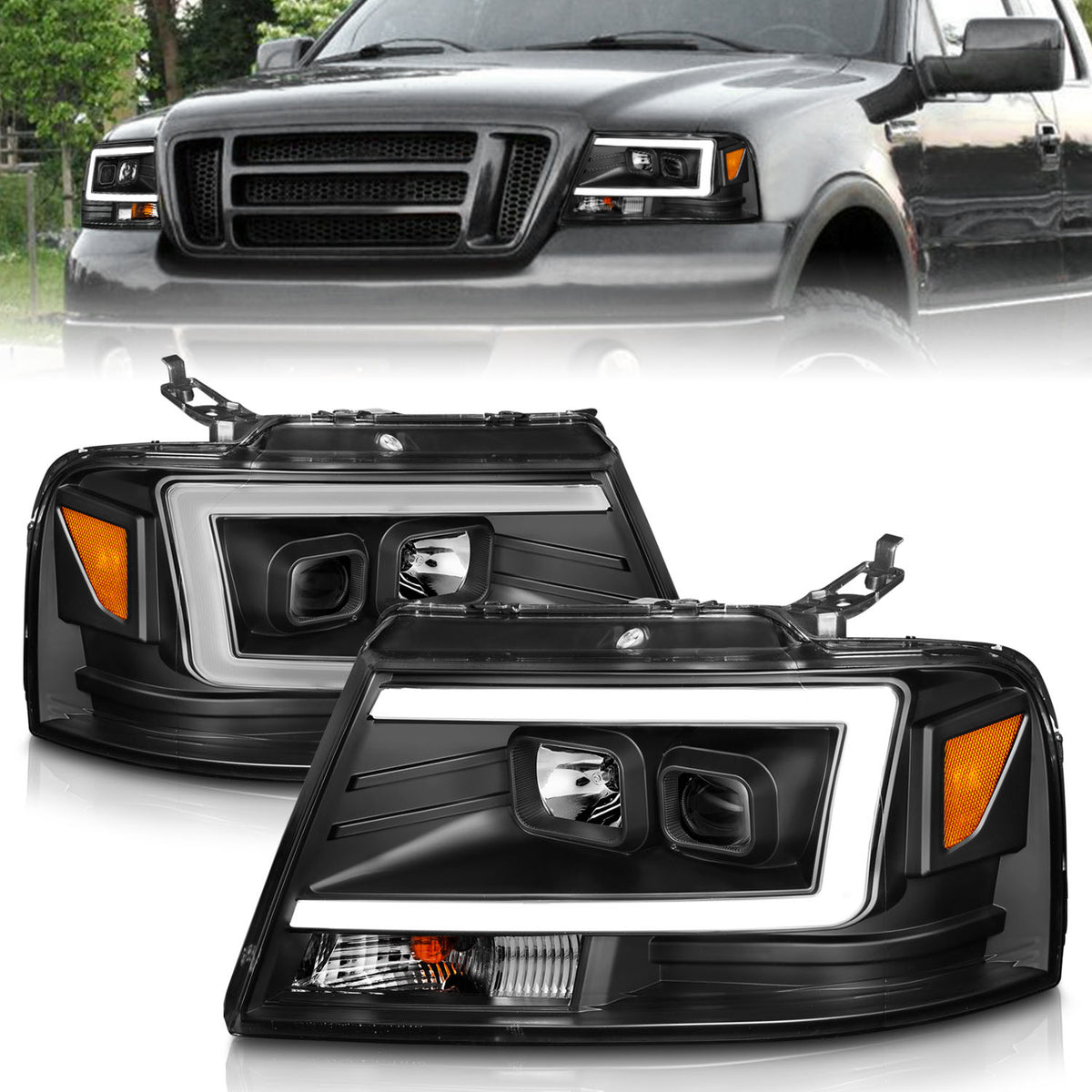 ANZO 2004-2008 Ford  F-150 Projector Headlights w/ Light Bar Black Housing - 111541 for 2004-2008 Ford F 150 - front view