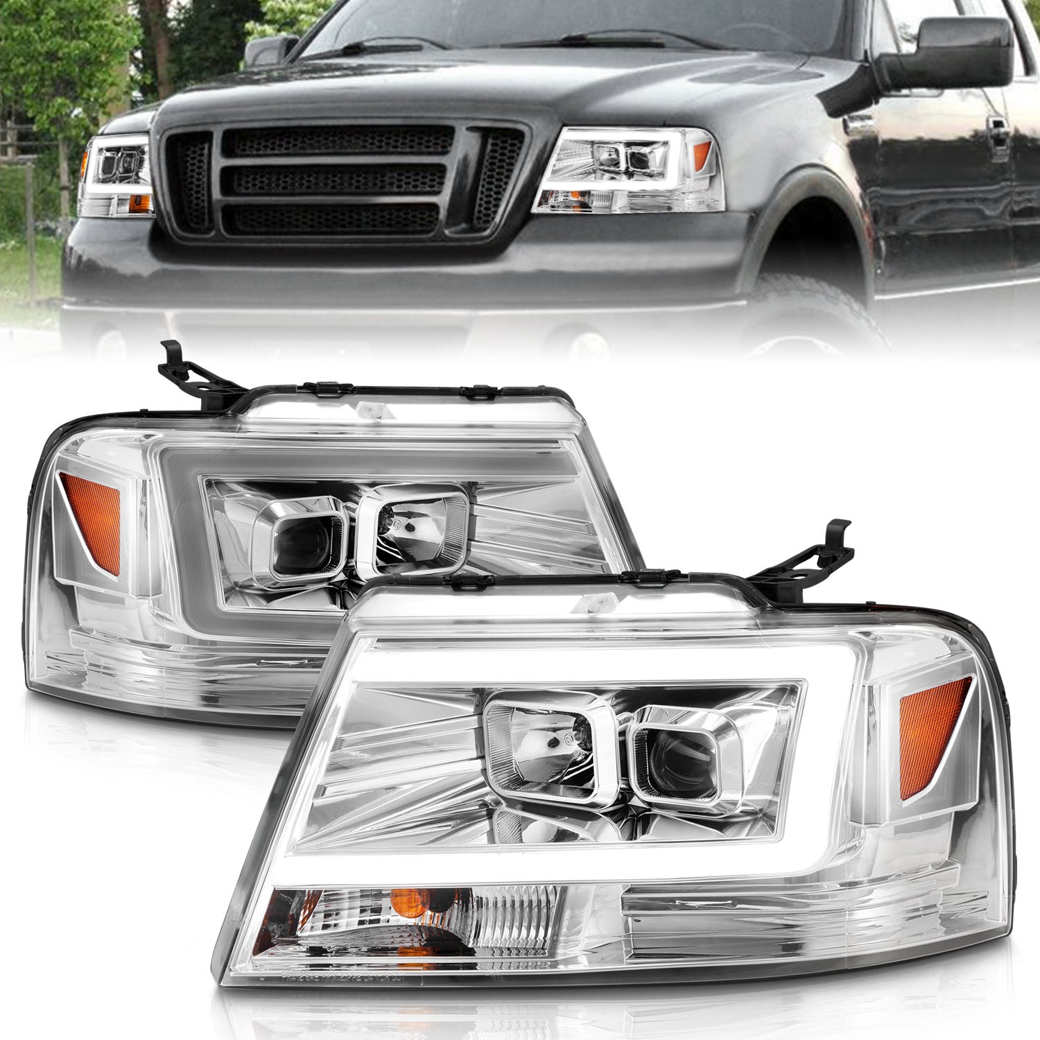 ANZO 2004-2008 Ford  F-150 Projector Headlights w/ Light Bar Chrome Housing - 111542 for 2004-2008 Ford F 150 - front view