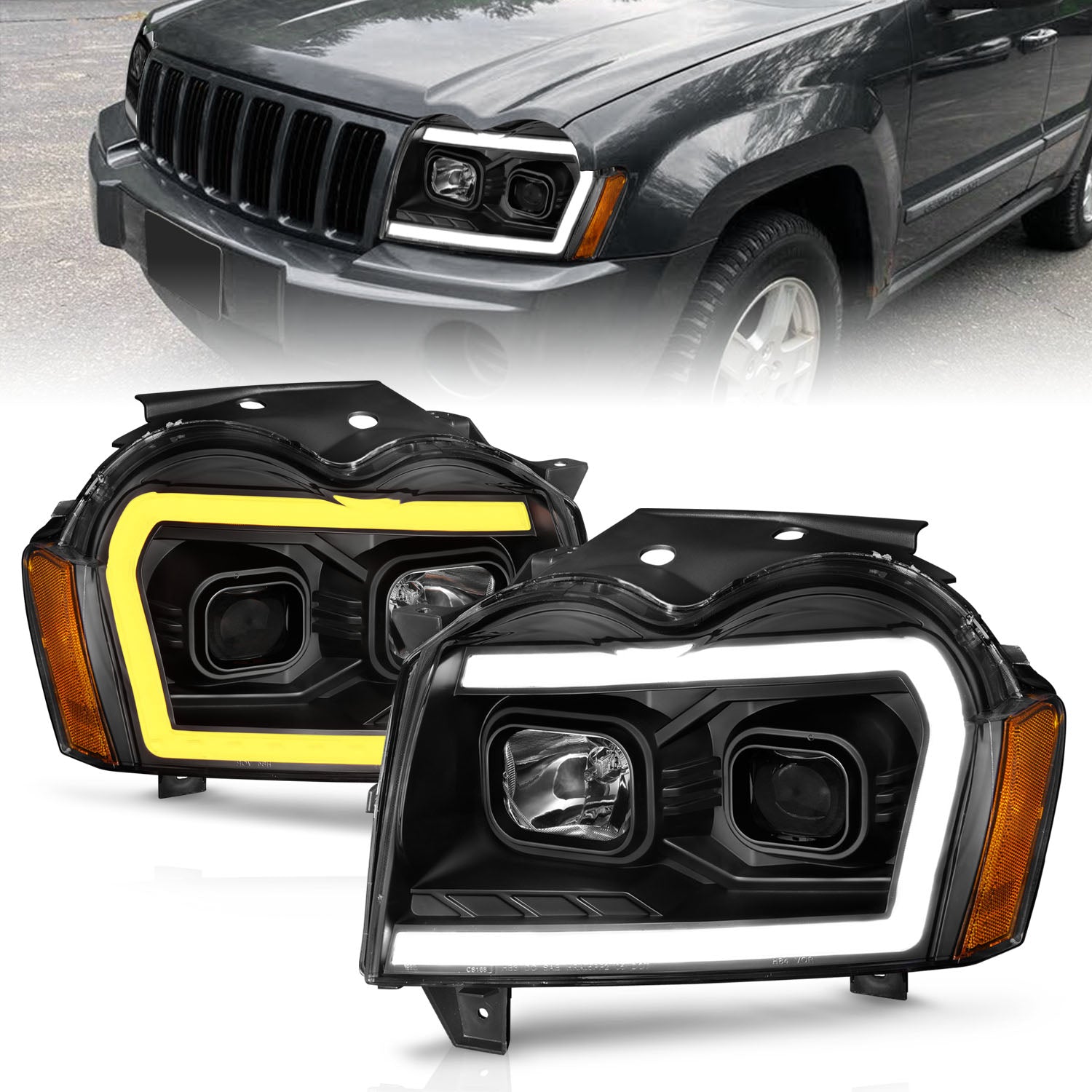ANZO 2005-2007 Jeep Grand Cherokee Projector Headlights w/ Light Bar Switchback Black Housing - 111543 for 2005-2007 Jeep Gra