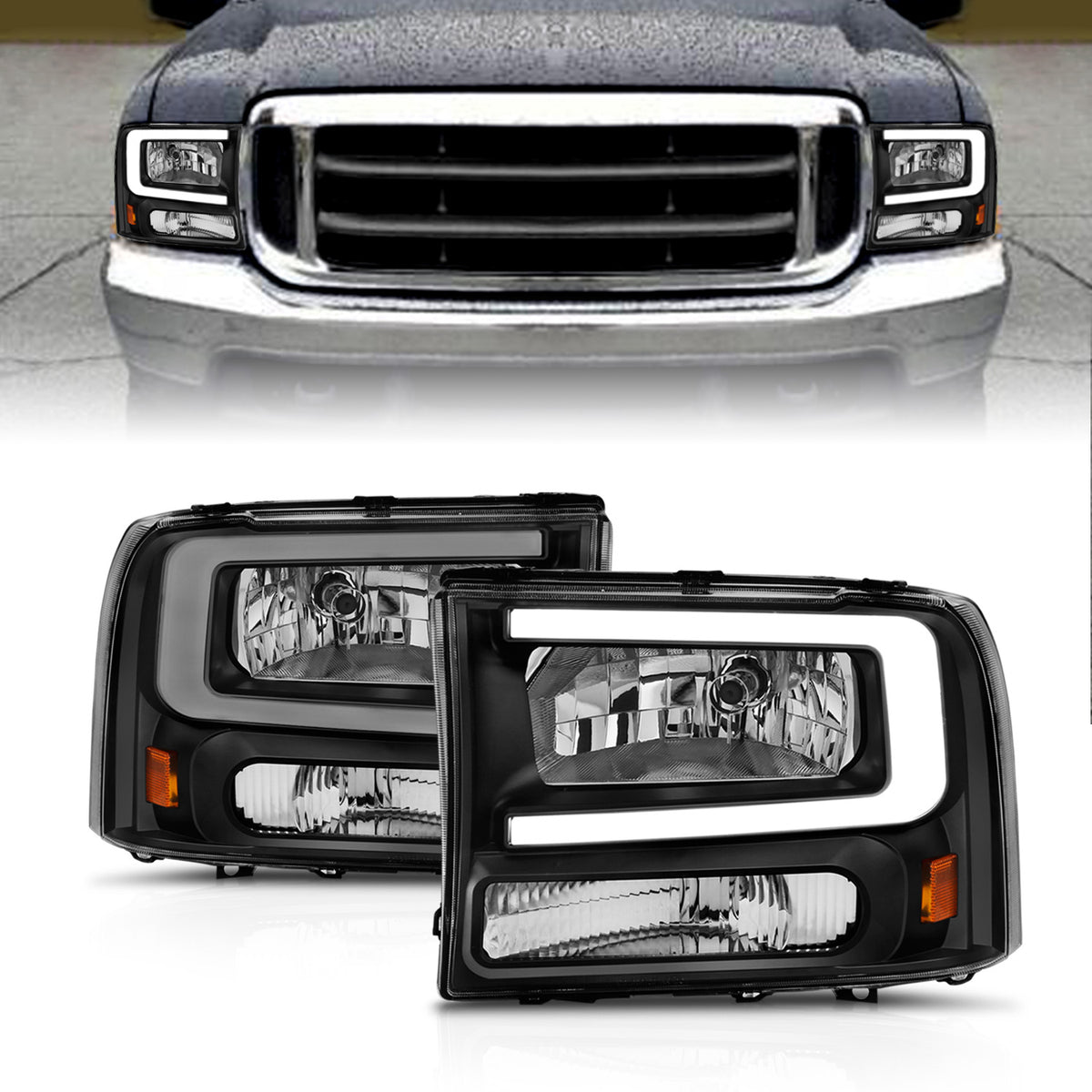 ANZO 99-04 Ford F250/F350/F450/Excursion (excl. 99) Crystal Headlights - w/ Light Bar Black Housing - 111549 for 1999-2004 Fo