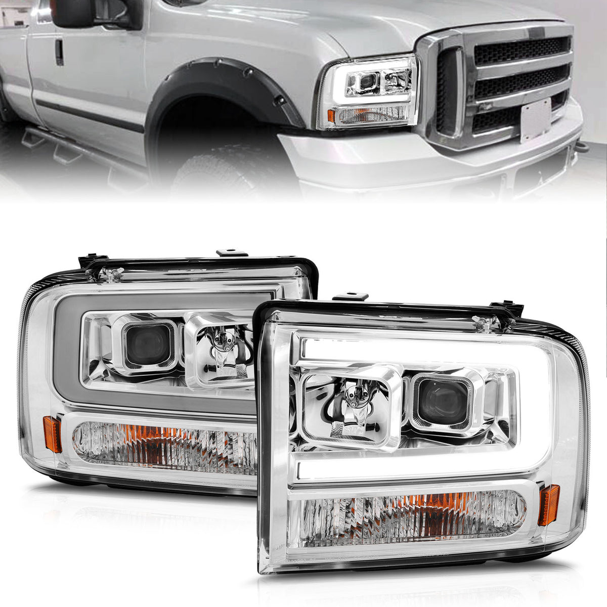 ANZO 99-04 Ford F250/F350/F450/Excursion (excl 99) Projector Headlights - w/Light Bar Chrome Housing - 111552 for 2005-2007 F