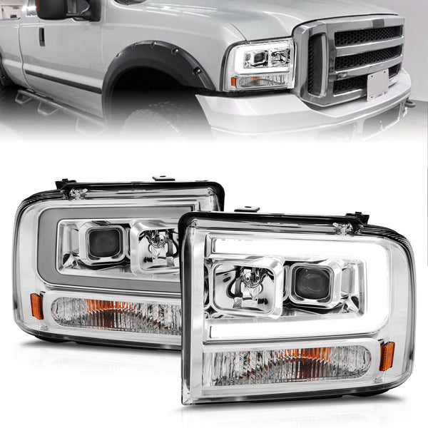 ANZO 99-04 Ford F250/F350/F450/Excursion (excl 99) Projector Headlights - w/Light Bar Chrome Housing - 111552 for 2005-2007 F