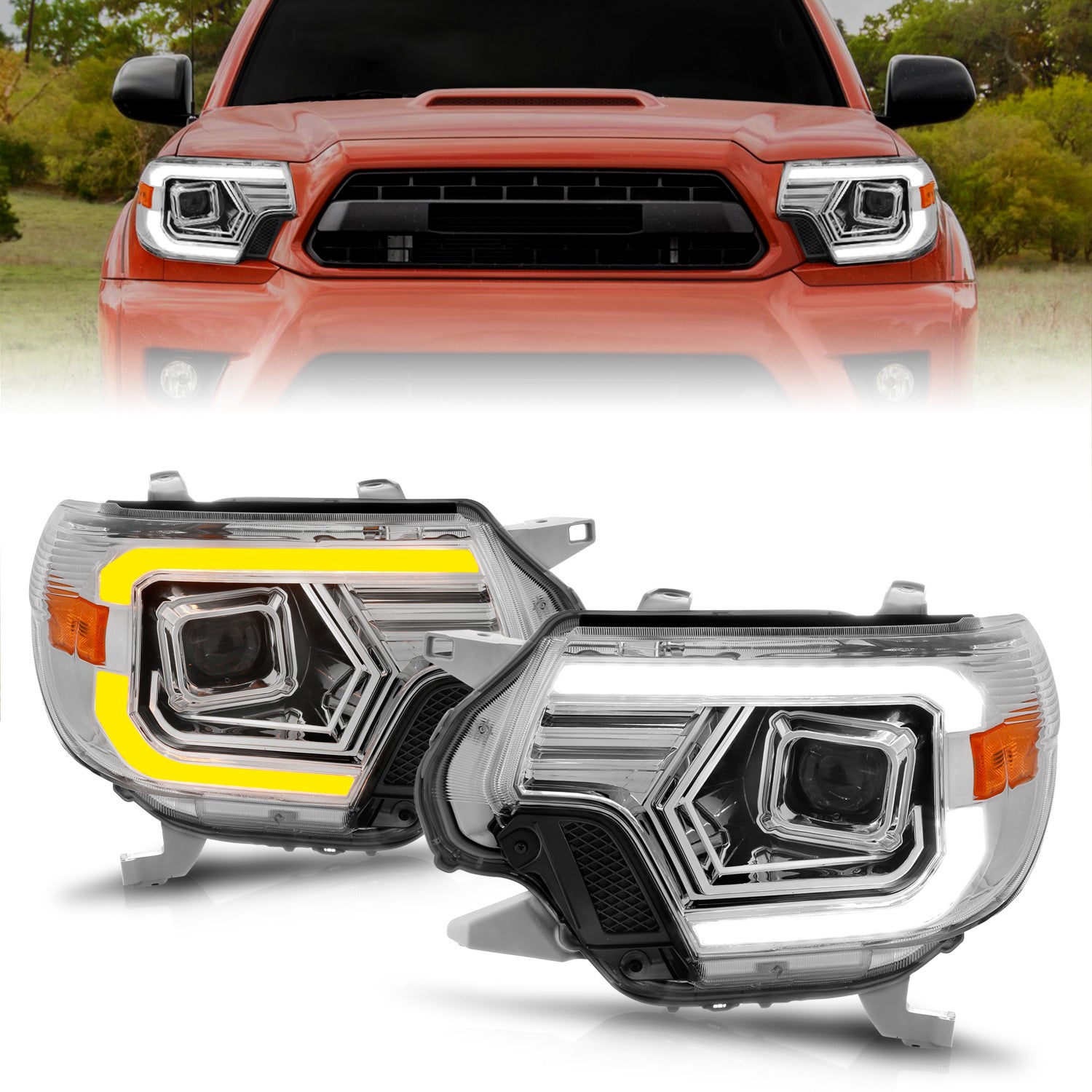 ANZO 12-15 Toyota Tacoma Projector Headlights - w/ Light Bar Switchback Chrome Housing - 111557 for 2012-2015 Toyota Tacoma -