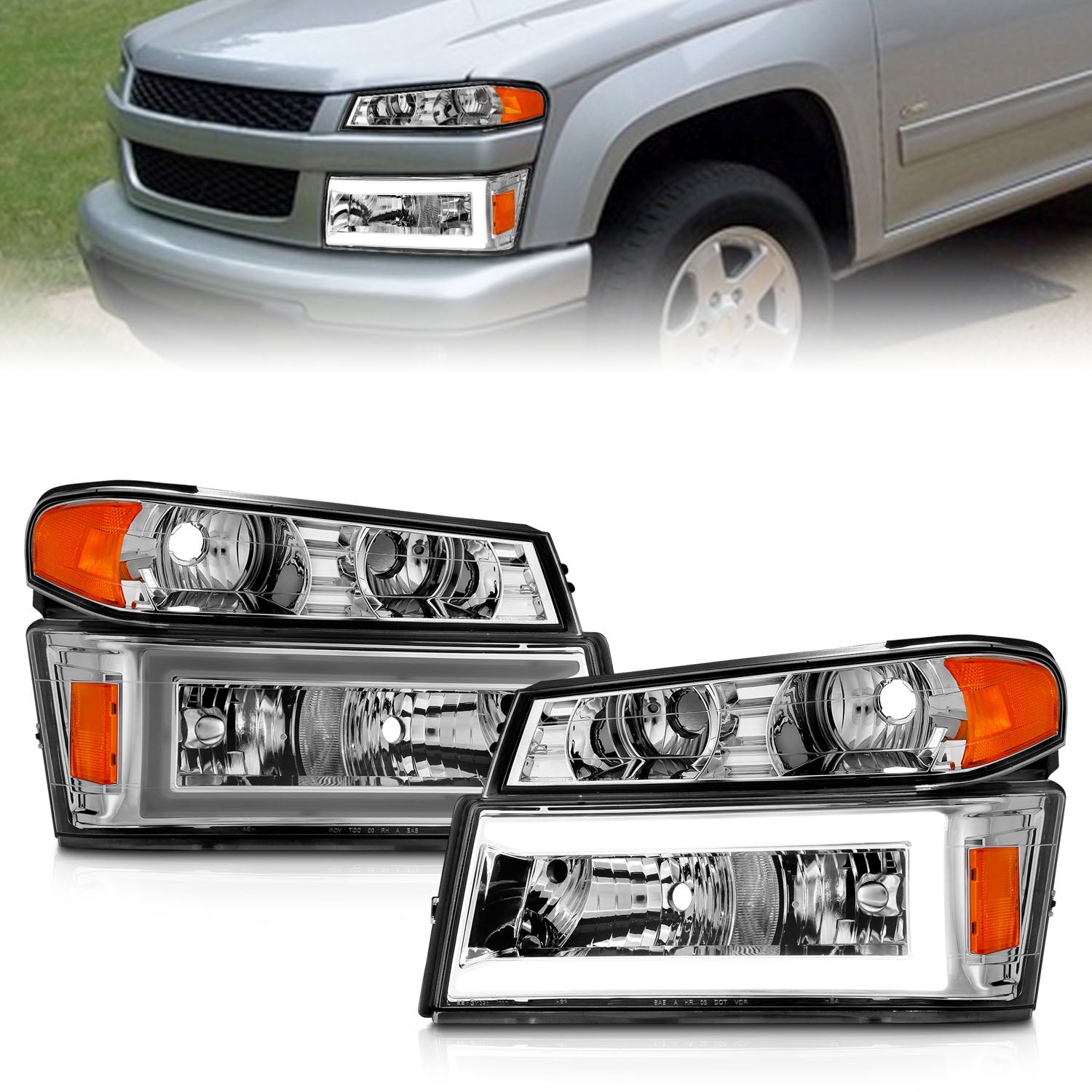 ANZO 04-12 GM Colorado/Canyon/I-Series Crystal Headlights - w/ Light Bar Chrome Housing 4pcs - 111559 for 2004-2012 Chevrolet