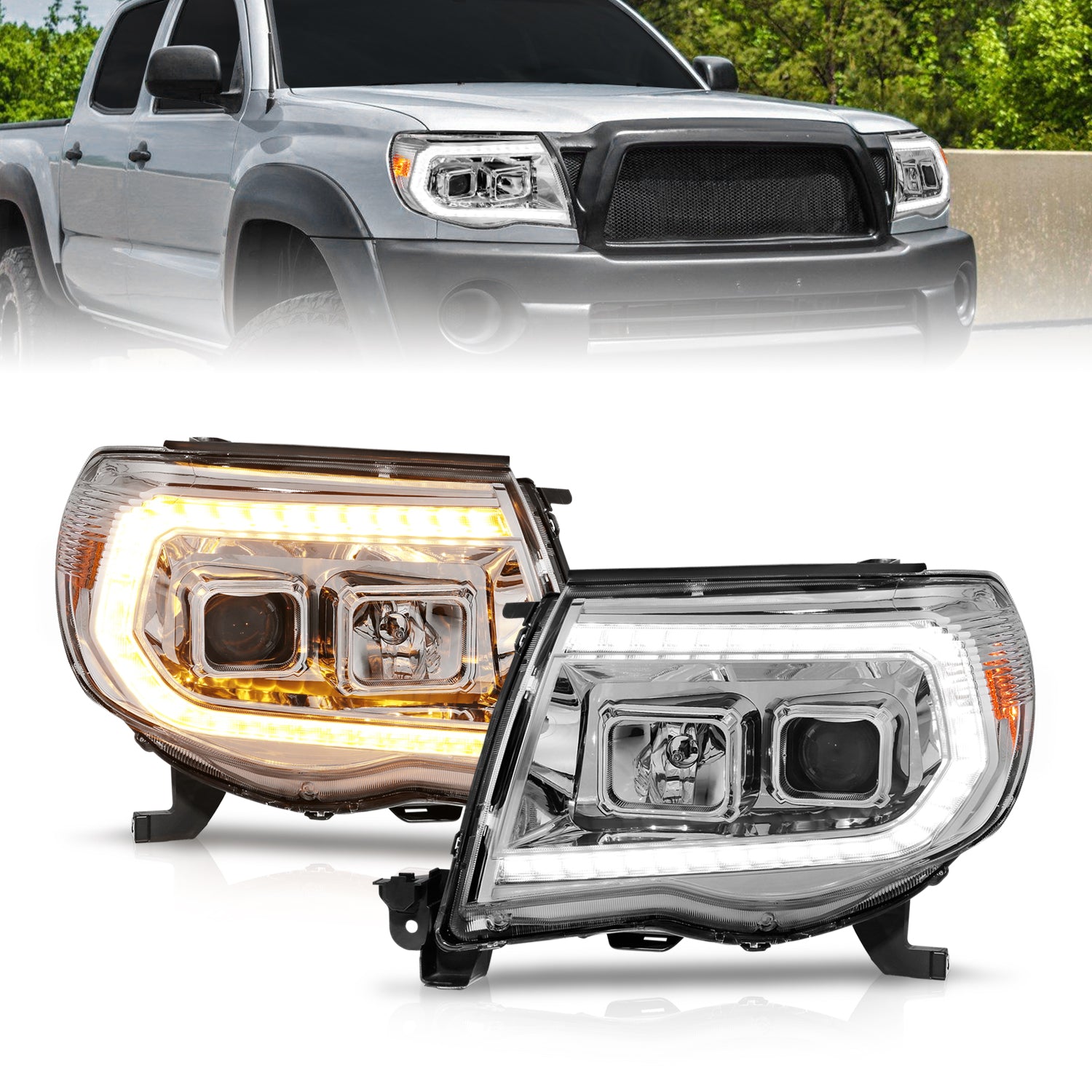 ANZO 05-11 Toyota Tacoma Projector Headlights w/Light Bar Switchback Chrome Housing - 111565 for 2005-2011 Toyota Tacoma - fr