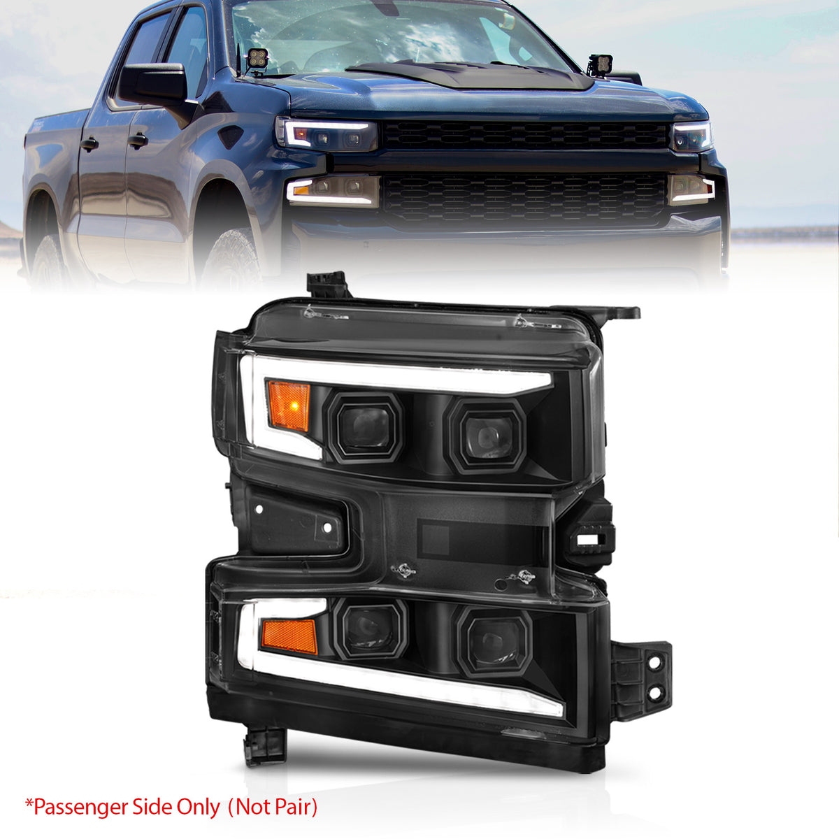 ANZO 19-22 Chevrolet Silverado 1500 LED Proj HL w/Lgt Bar SwBk Seq. Blk w/In. Light - Passenger Side - 111566-R for 2019-2022