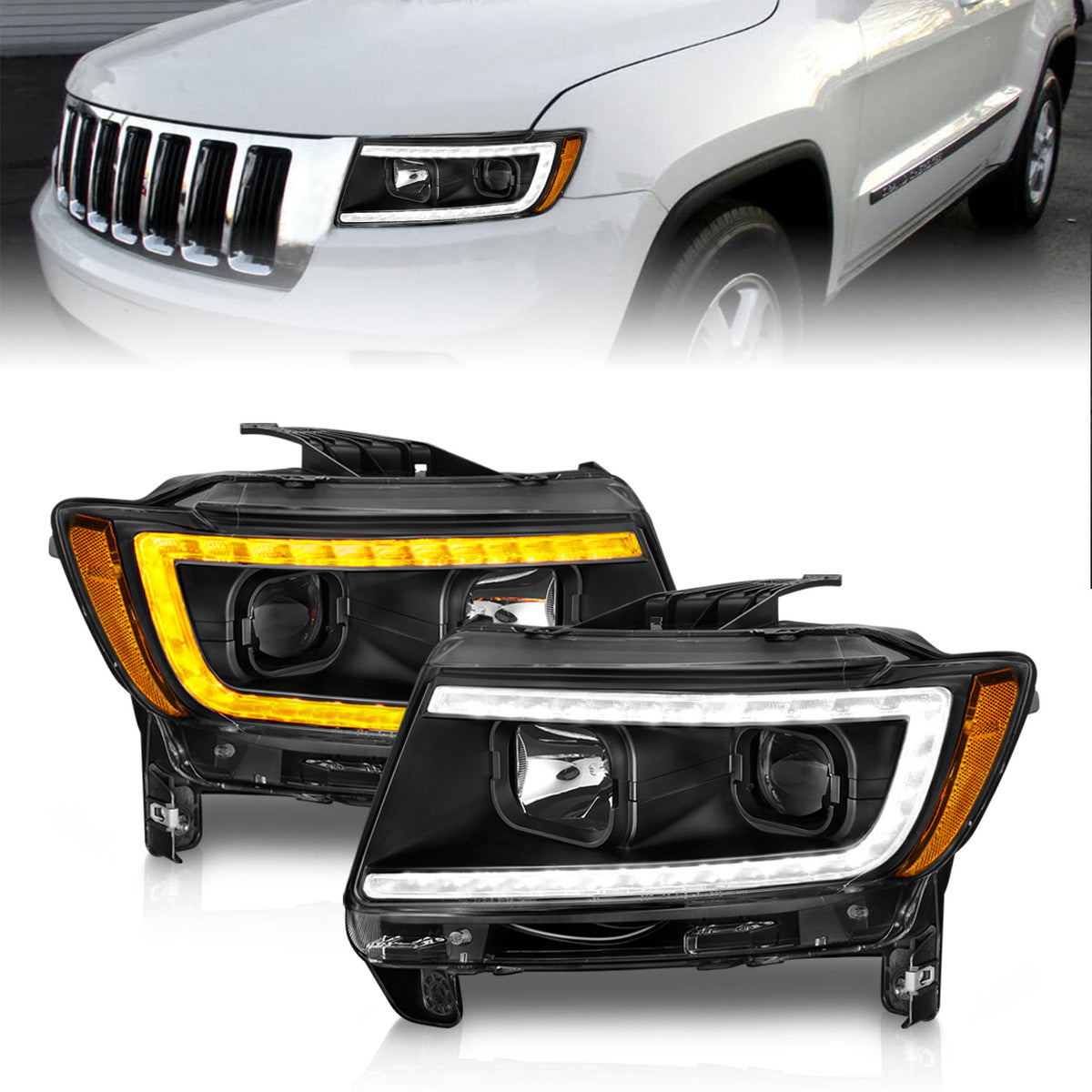 ANZO 11-13 Jeep Grand Cherokee (Factory Halogen Only) Projector Headlights w/Light Bar Swtchbk Black - 111568 for 2011-2013 J