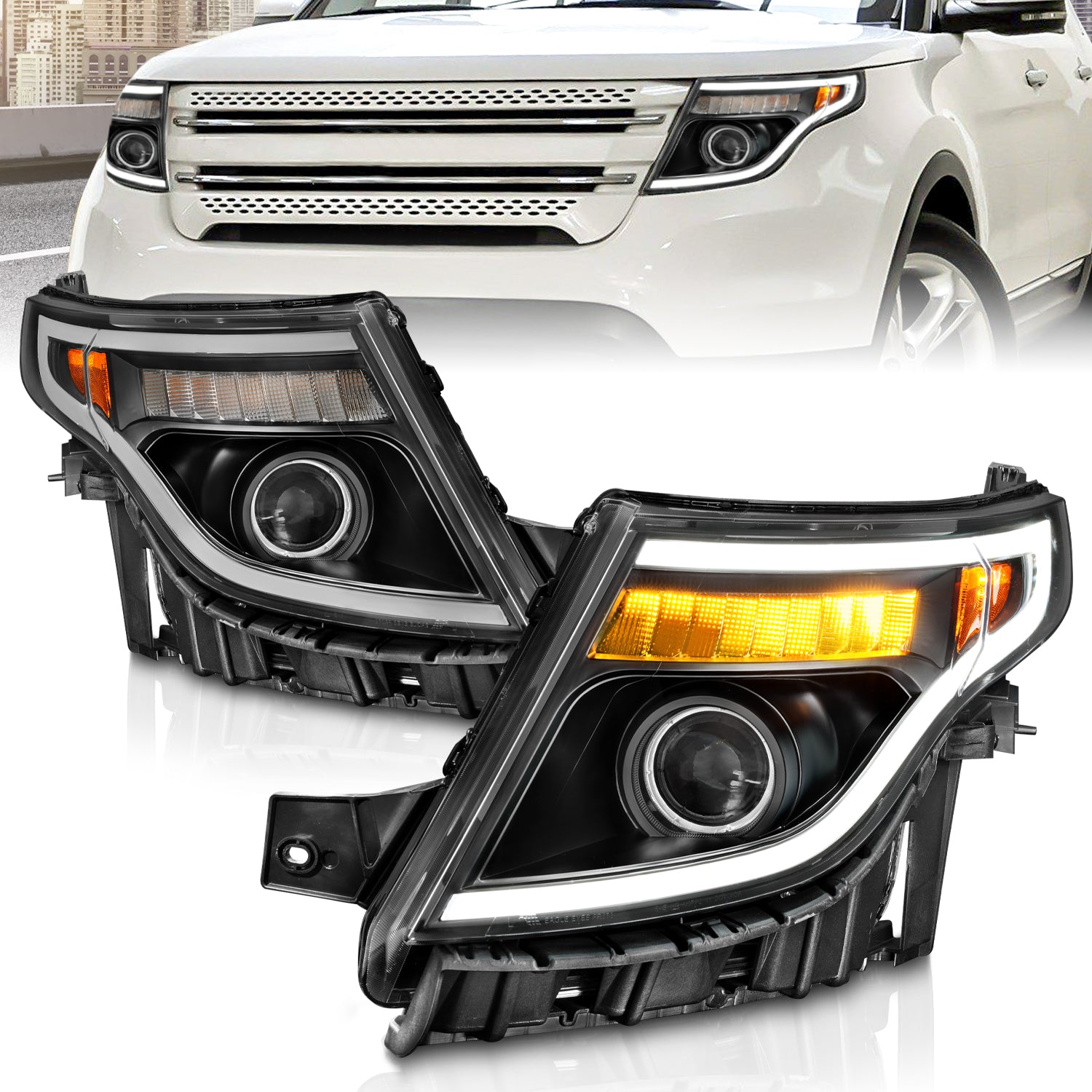ANZO 11-15 Ford Explorer (w/Factory Halogen HL Only) Projector Headlights w/Light Bar Black Housing - 111575 for 2011-2015 Fo