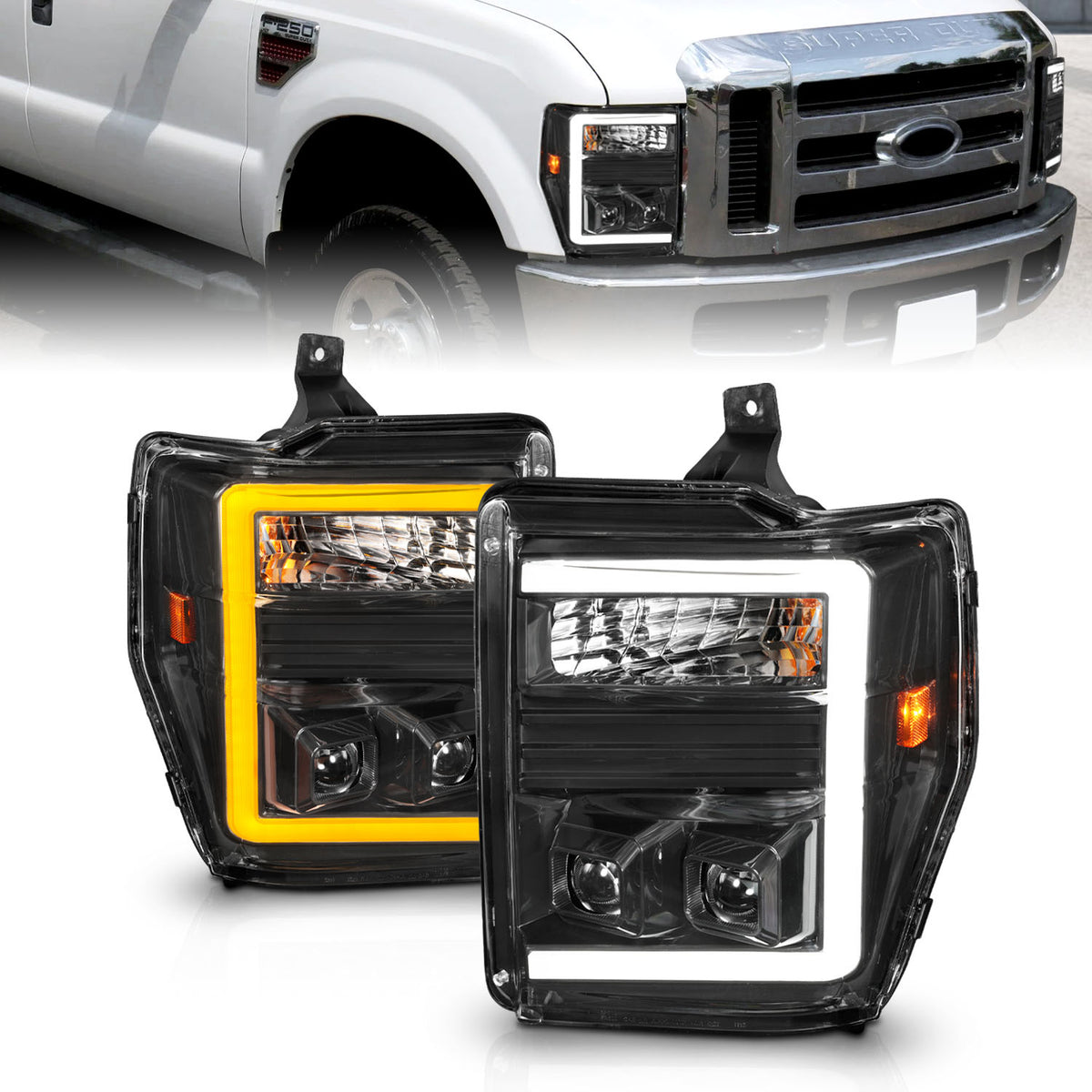 ANZO 08-10 Ford F-250 - F-550 Super Duty Projector Headlights w/ Light Bar Switchback Black Housing - 111586 for 2008-2010 Fo