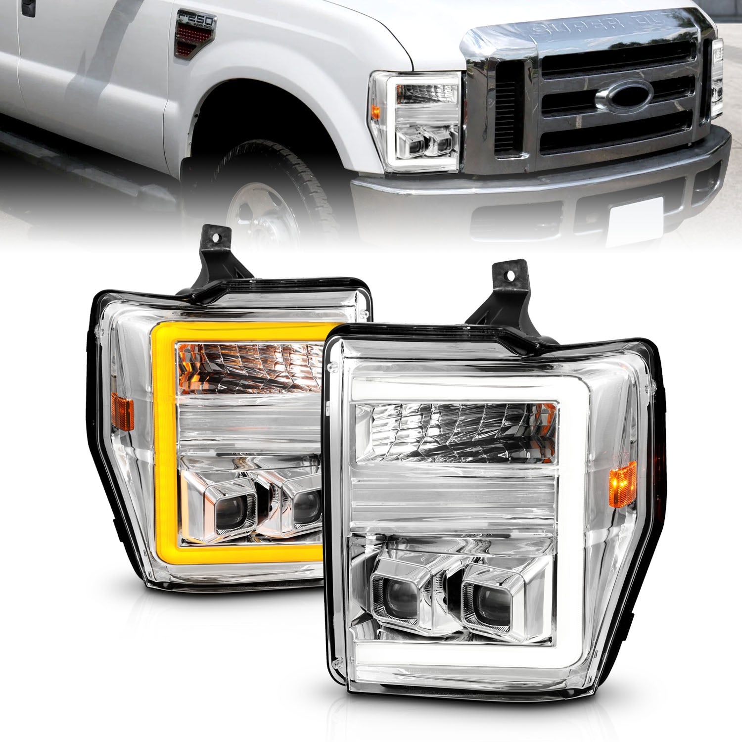 ANZO 08-10 Ford F-250 - F-550 Super Duty Projector Headlights w/ Light Bar Switchback Chrome Housing - 111587 for 2008-2010 F