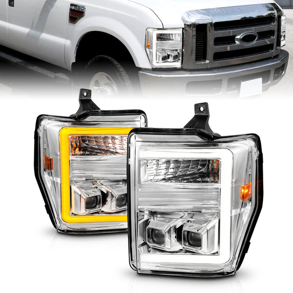 ANZO 08-10 Ford F-250 - F-550 Super Duty Projector Headlights w/ Light Bar Switchback Chrome Housing - 111587 for 2008-2010 F