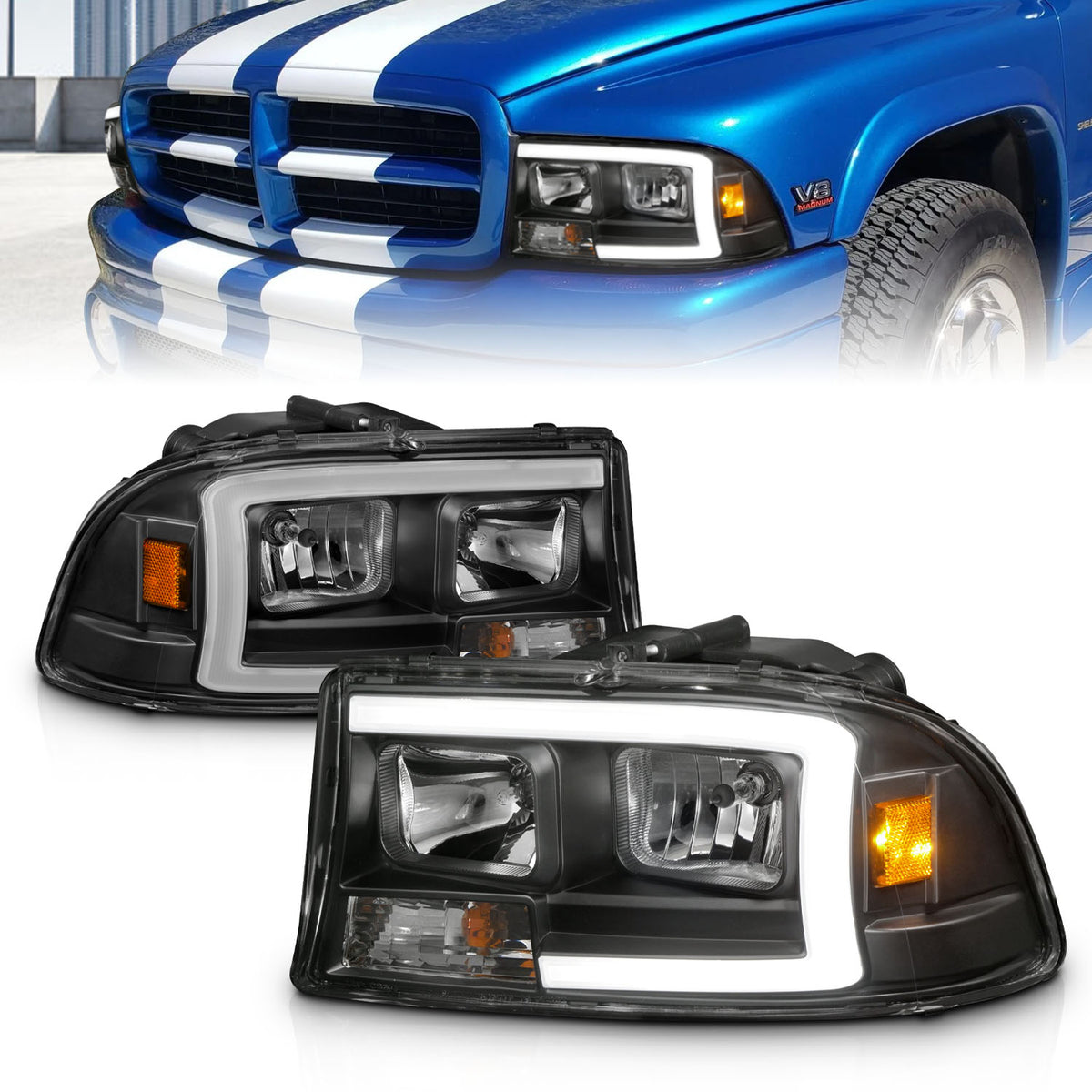 ANZO 97-04 Dodge Dakota/Durango Crystal headlight Set w/ Light Bar Black Housing - 111591 for 1997-2004 Dodge Dakota - front 