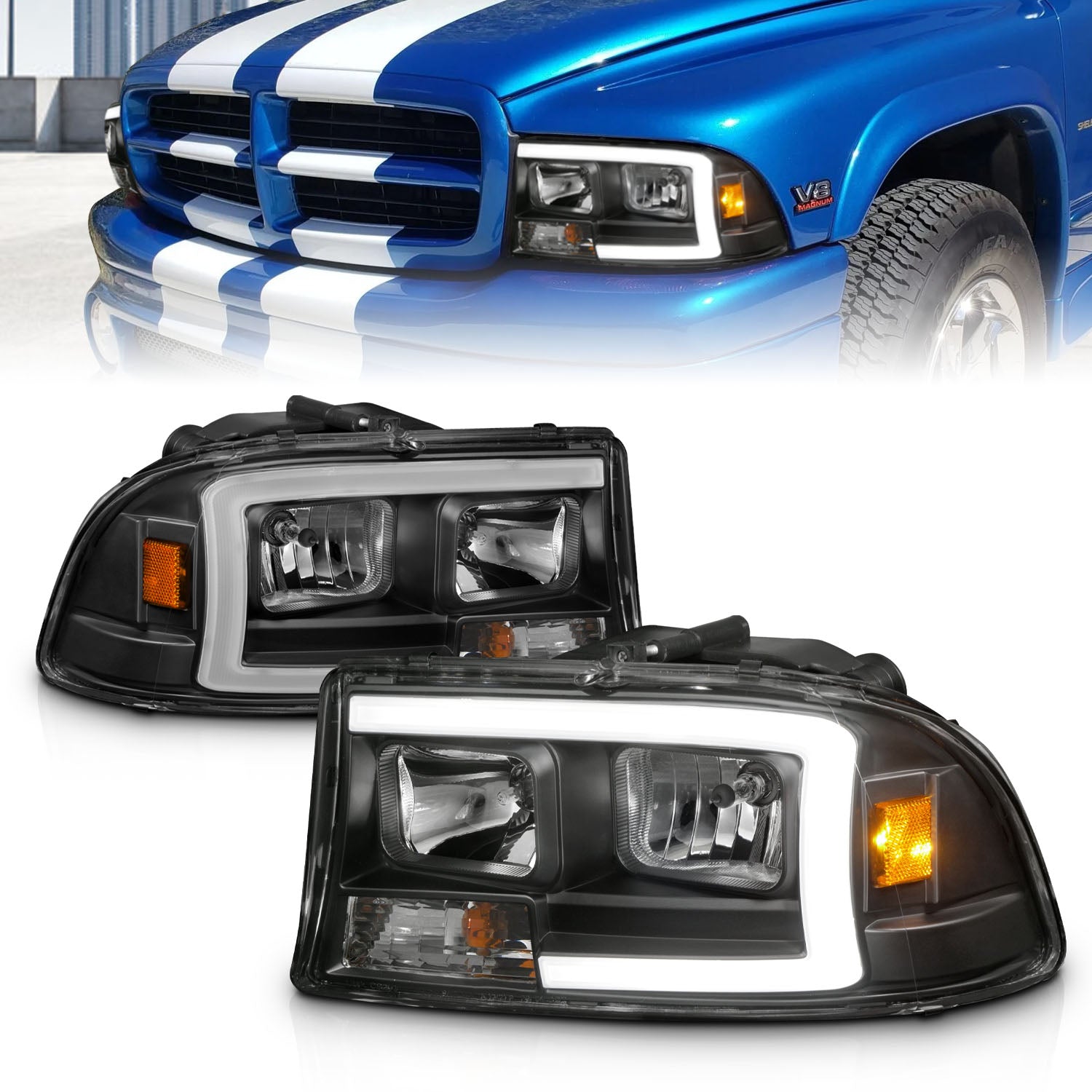 ANZO 97-04 Dodge Dakota/Durango Crystal headlight Set w/ Light Bar Black Housing - 111591 for 1997-2004 Dodge Dakota - front 