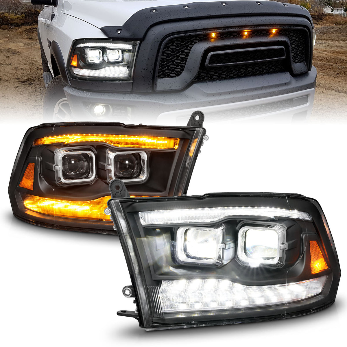 ANZO 09-18 Dodge Ram 1500/2500/3500 Full LED Proj Headlights w/Switchback Light Bar - Black - 111595 for 2019-2023 Ram 1500 C