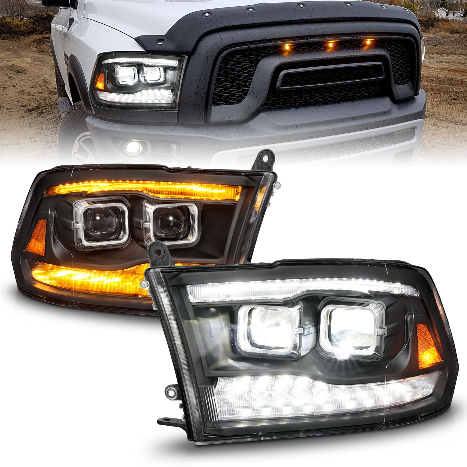 ANZO 09-18 Dodge Ram 1500/2500/3500 Full LED Proj Headlights w/Switchback Light Bar - Black - 111595 for 2019-2023 Ram 1500 C